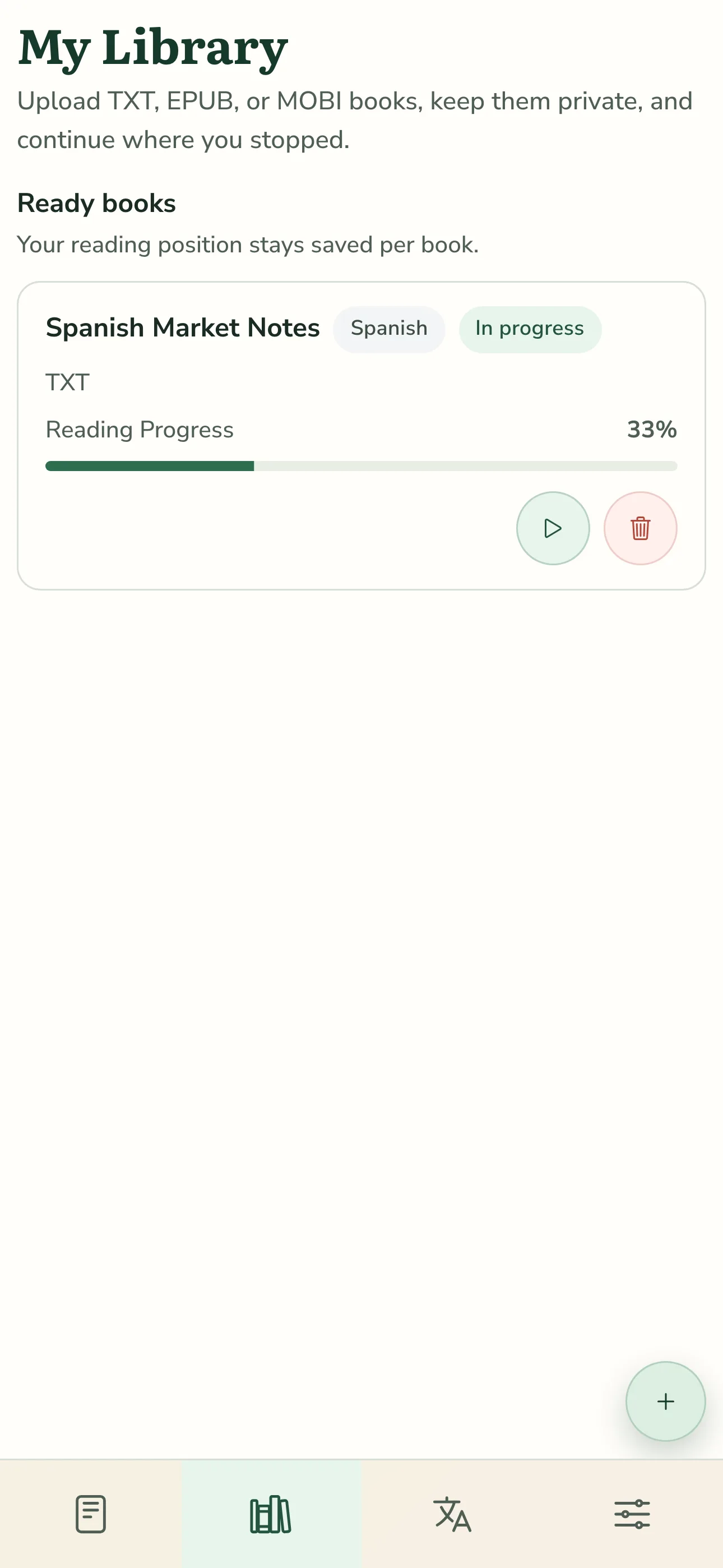TortoLingua mobile library showing an imported book and saved reading progress in the English interface