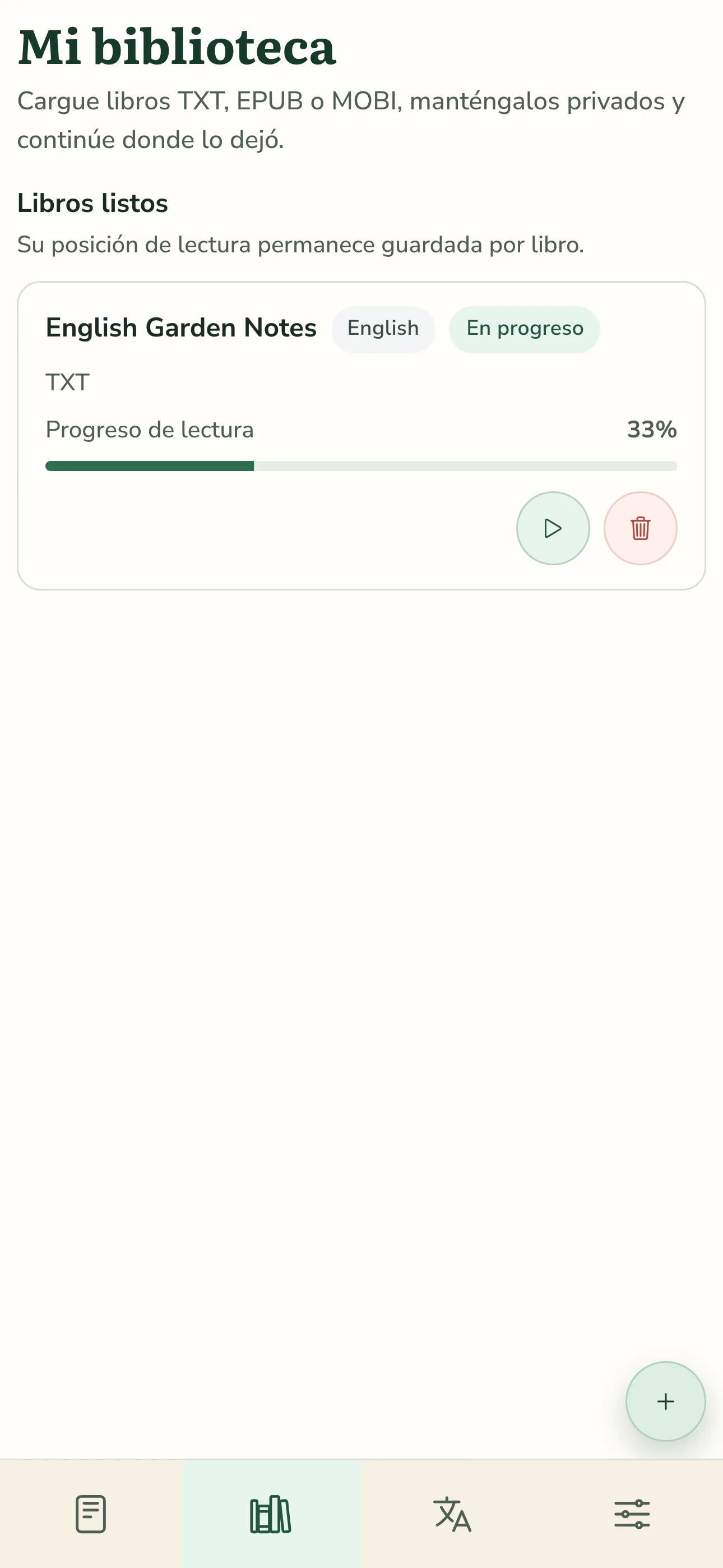 Biblioteca móvil de TortoLingua mostrando un libro importado y el progreso de lectura guardado en la interfaz en español