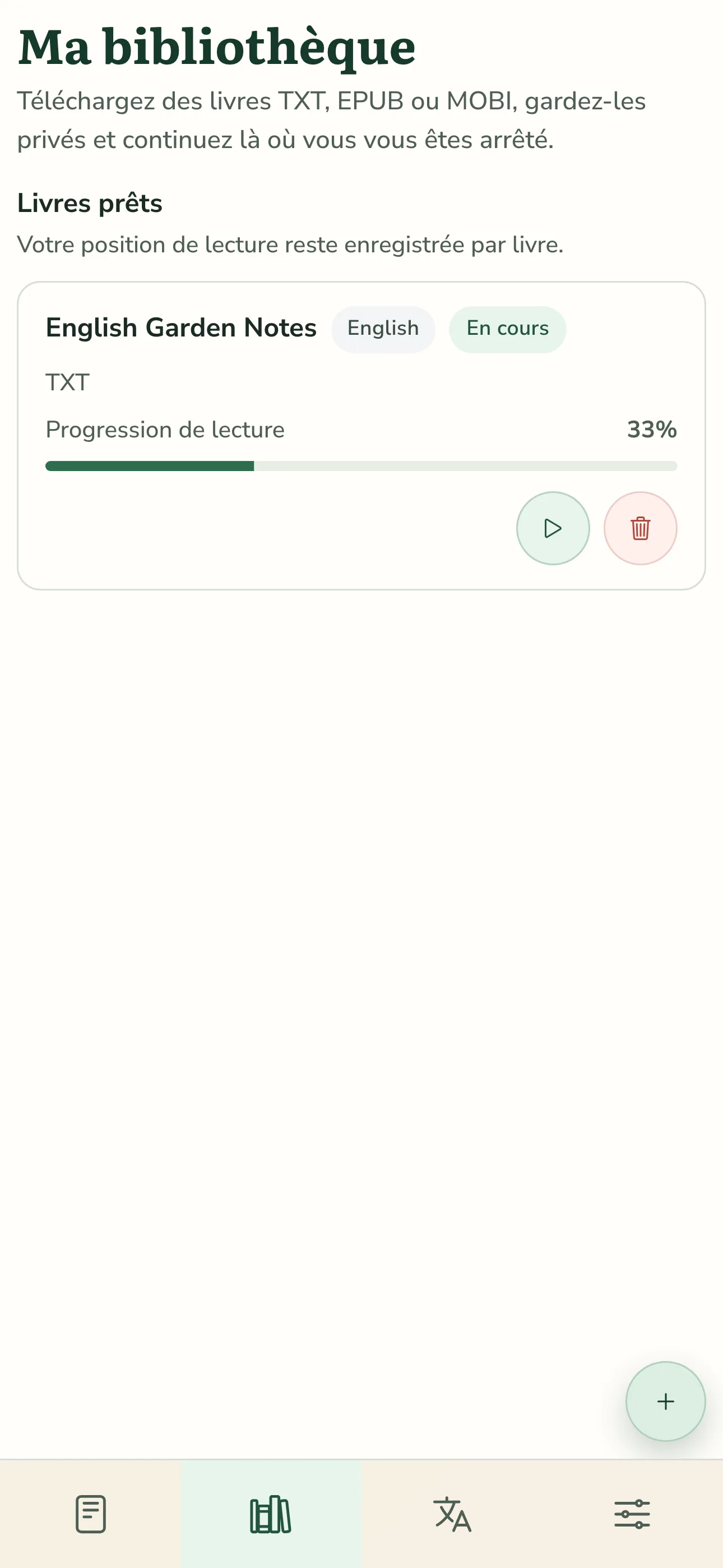 Bibliothèque mobile TortoLingua montrant un livre importé et la progression de lecture sauvegardée dans l'interface en français