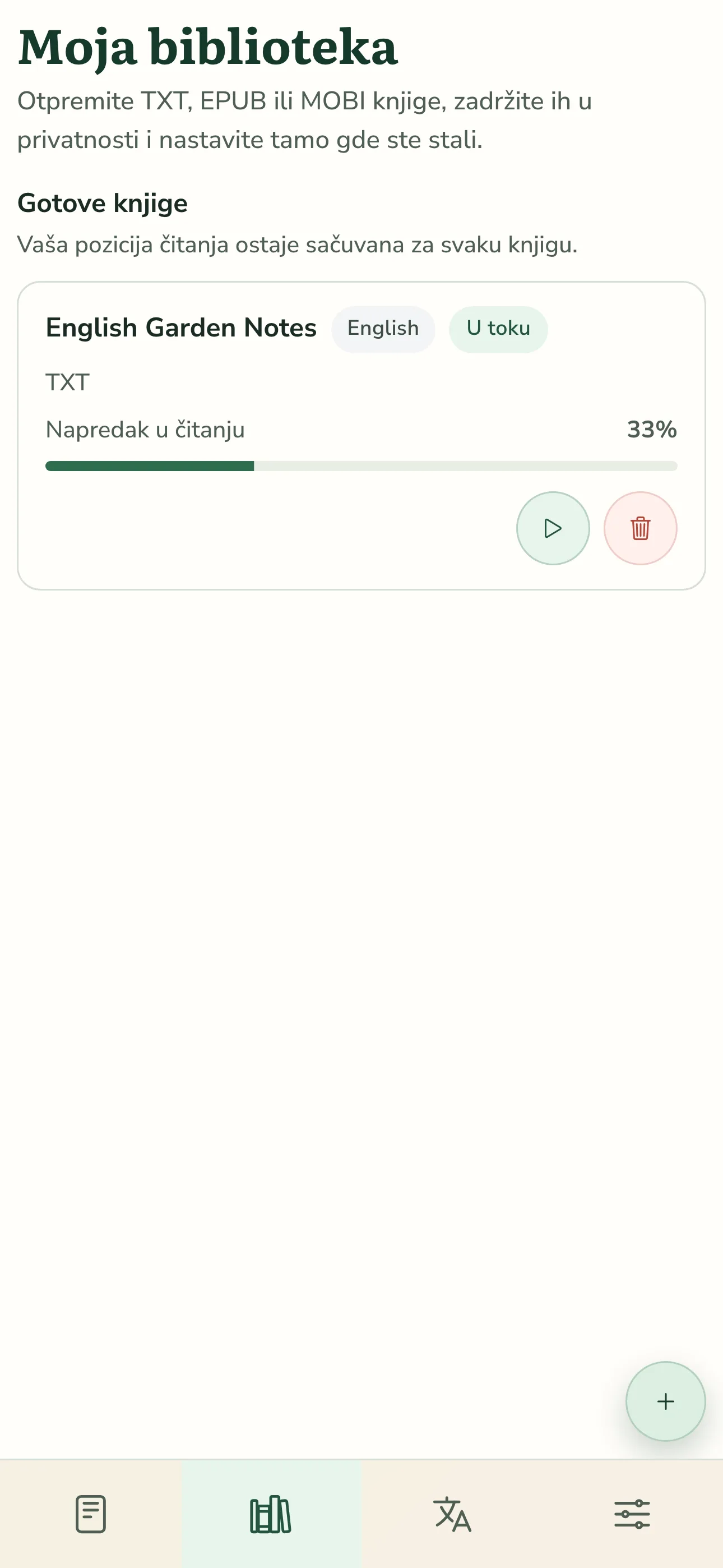 TortoLingua mobilna biblioteka koja prikazuje uvezenu knjigu i sačuvan napredak čitanja u srpskom interfejsu