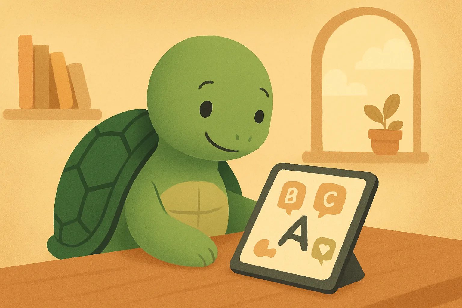 Editorial illustration showing the TortoLingua turtle in a warm storybook learning scene for the article "Best Language Learning Apps for Kids in 2026".