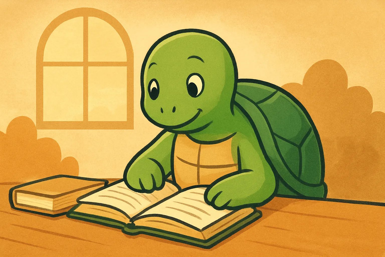 Editorial illustration showing the TortoLingua turtle in a warm storybook learning scene for the article "Benefits of Raising Bilingual Children: What Research Shows".