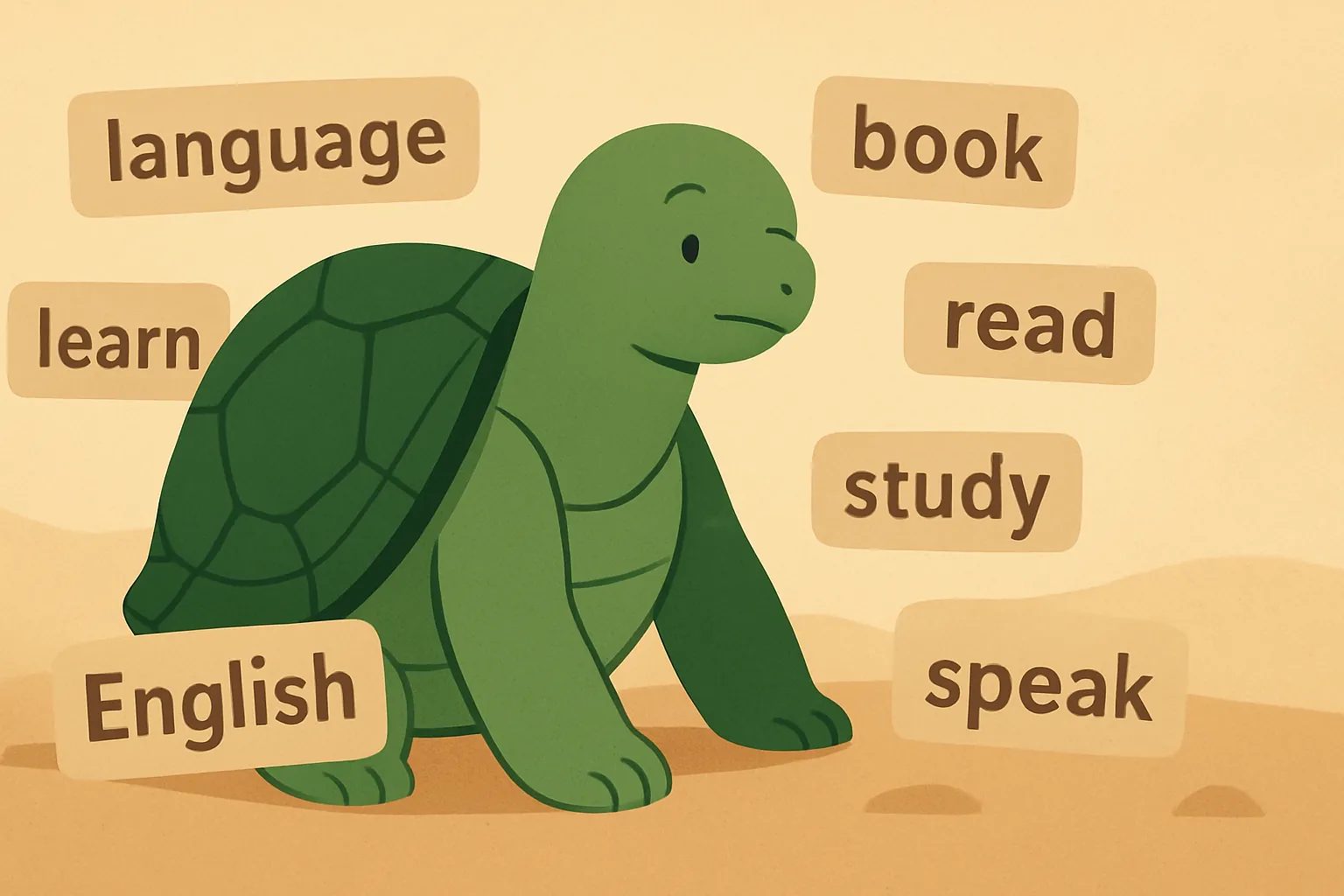 Editorial illustration showing the TortoLingua turtle discovering meaning through context for the article "Comprehensible Input vs Grammar Study: Which Works Better?".