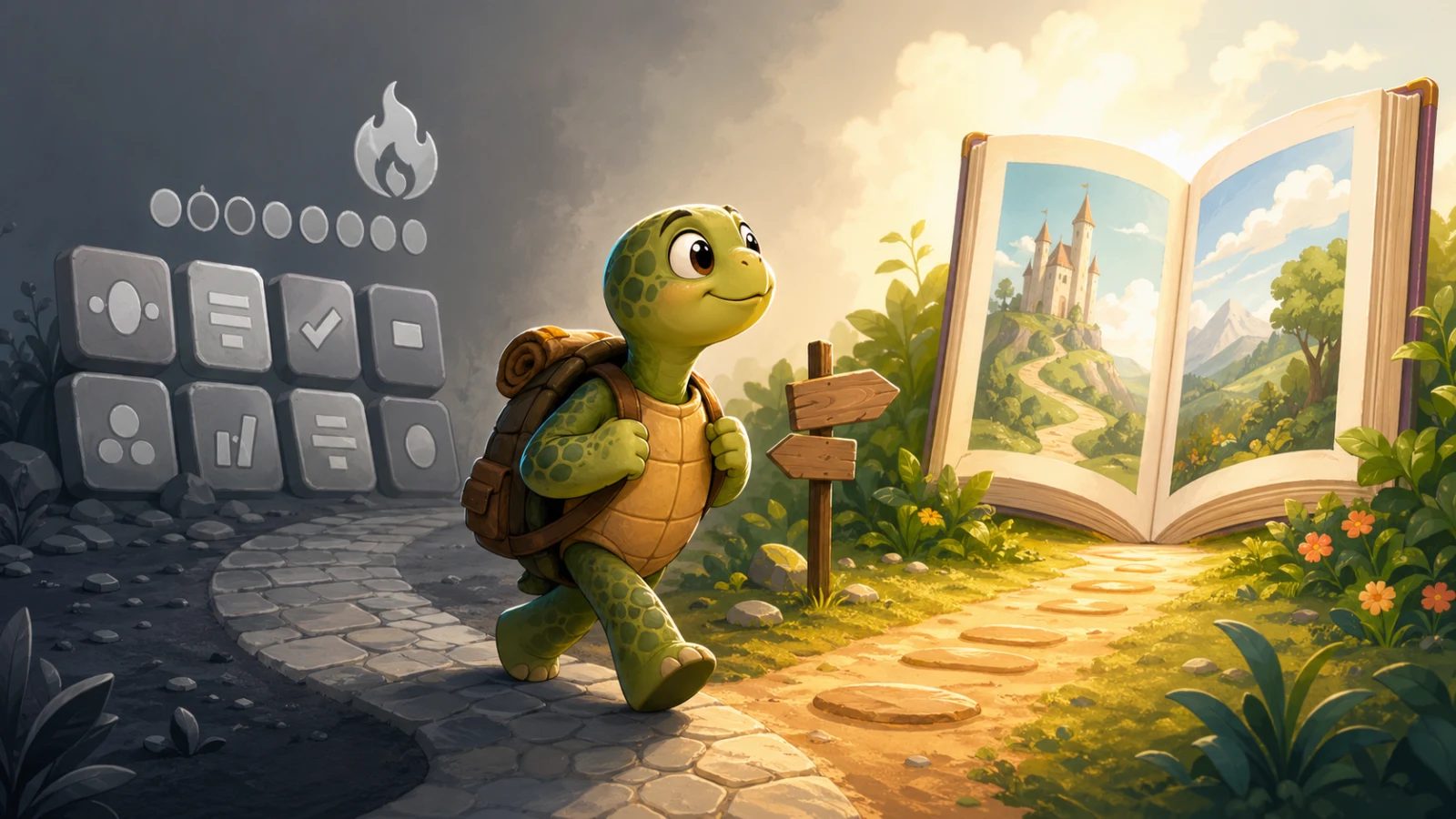 TortoLingua turtle chooses an open storybook path over generic drill tiles