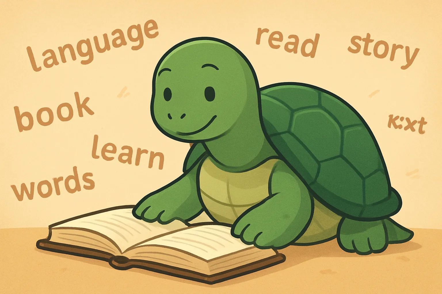 Editorial illustration showing the TortoLingua turtle choosing easy, interesting texts for extensive reading.