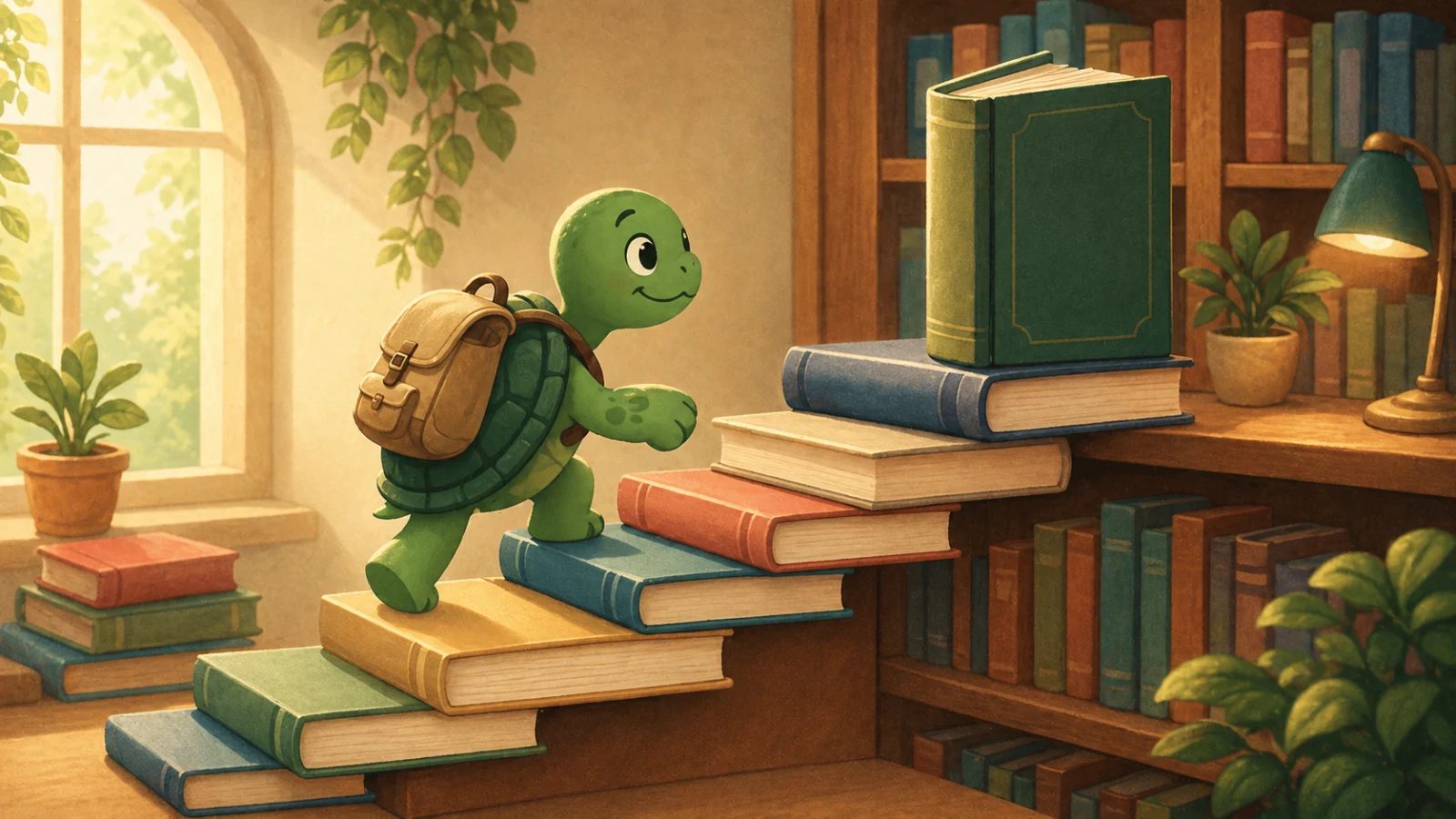 TortoLingua turtle climbs a staircase of books from graded readers toward native books