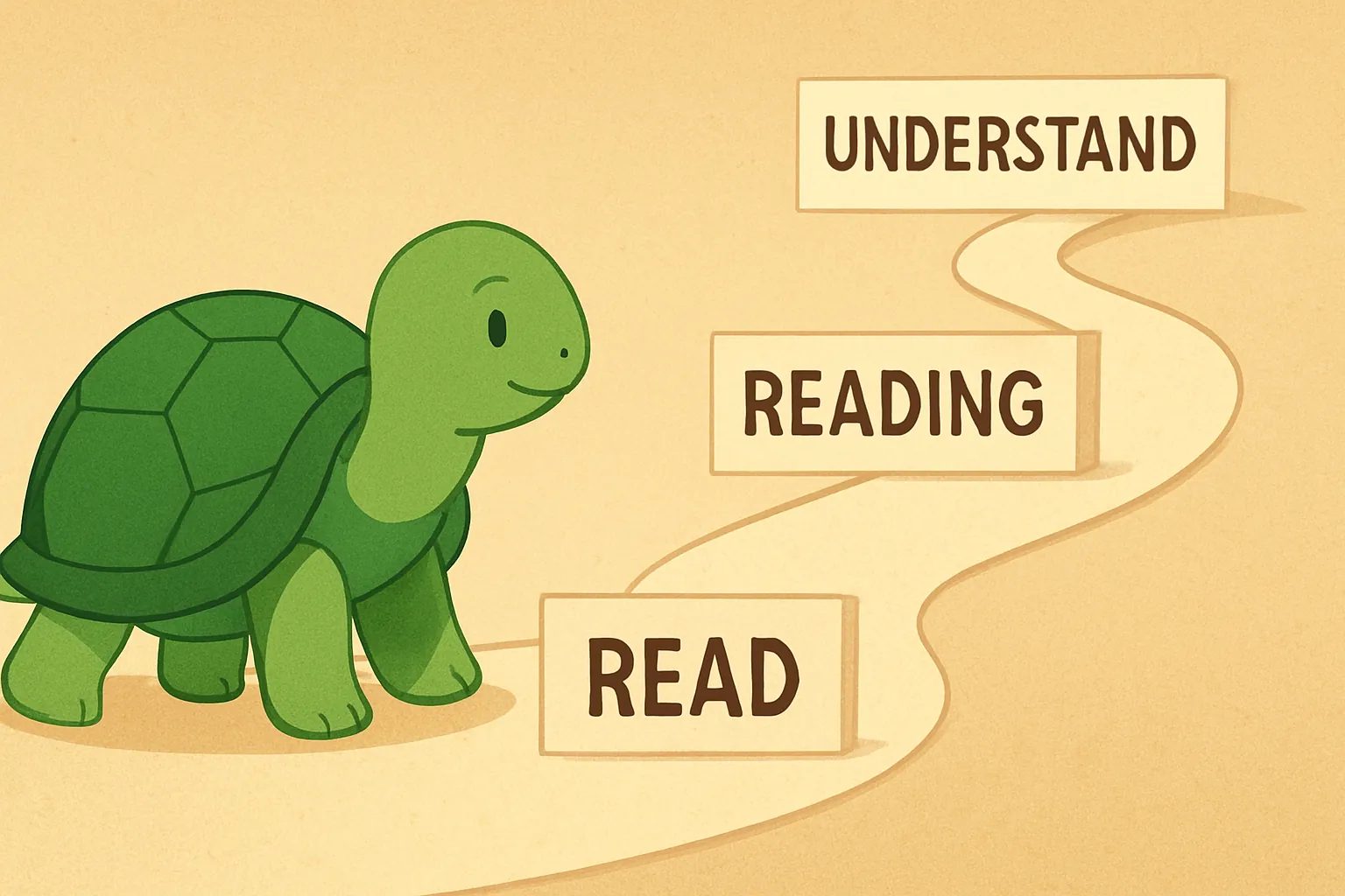 Editorial illustration showing the TortoLingua turtle planning reading volume on a path toward B1.