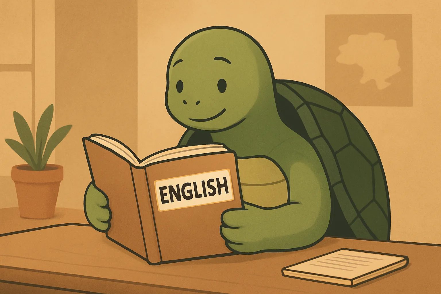 Editorial illustration showing the TortoLingua turtle in a real-world language-learning reading scene for the article "How to Learn English by Yourself: A Complete Self-Study Guide".