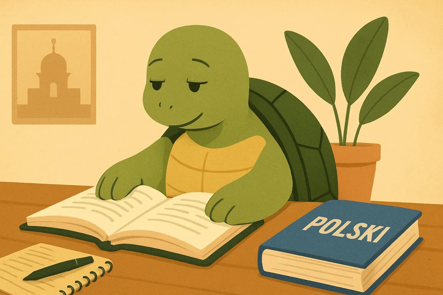 Editorial illustration showing the TortoLingua turtle in a real-world language-learning reading scene for the article "How to Learn Polish: A Guide for Ukrainian Speakers".