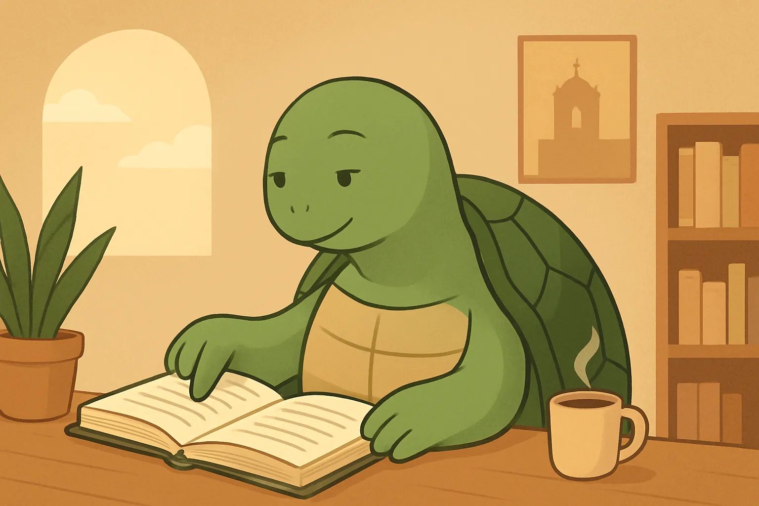 Editorial illustration showing the TortoLingua turtle in a real-world language-learning reading scene for the article "How to Learn Portuguese as a Beginner: Complete Guide".
