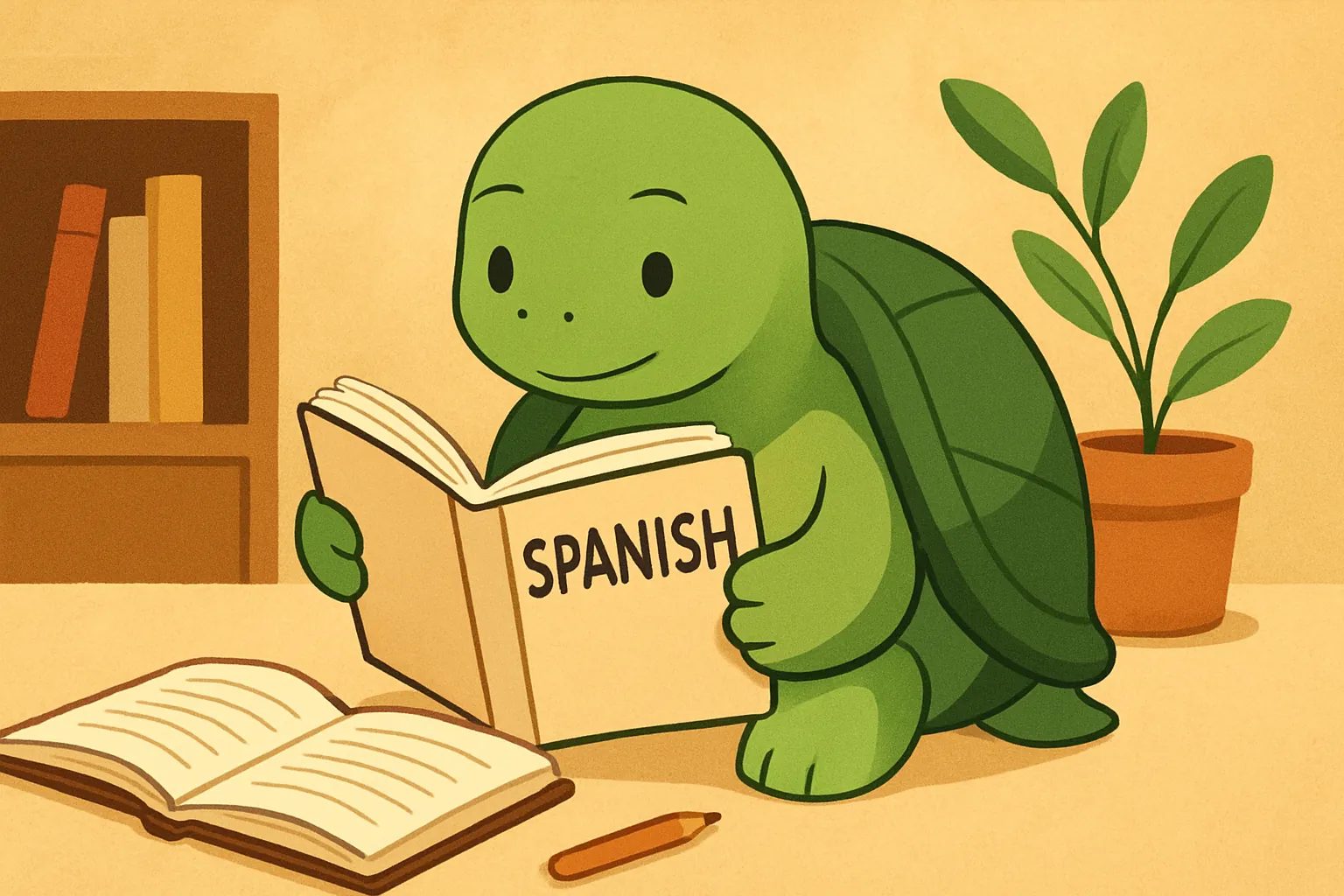 Editorial illustration showing the TortoLingua turtle in a real-world language-learning reading scene for the article "How to Learn Spanish as a Beginner: A Step-by-Step Guide".