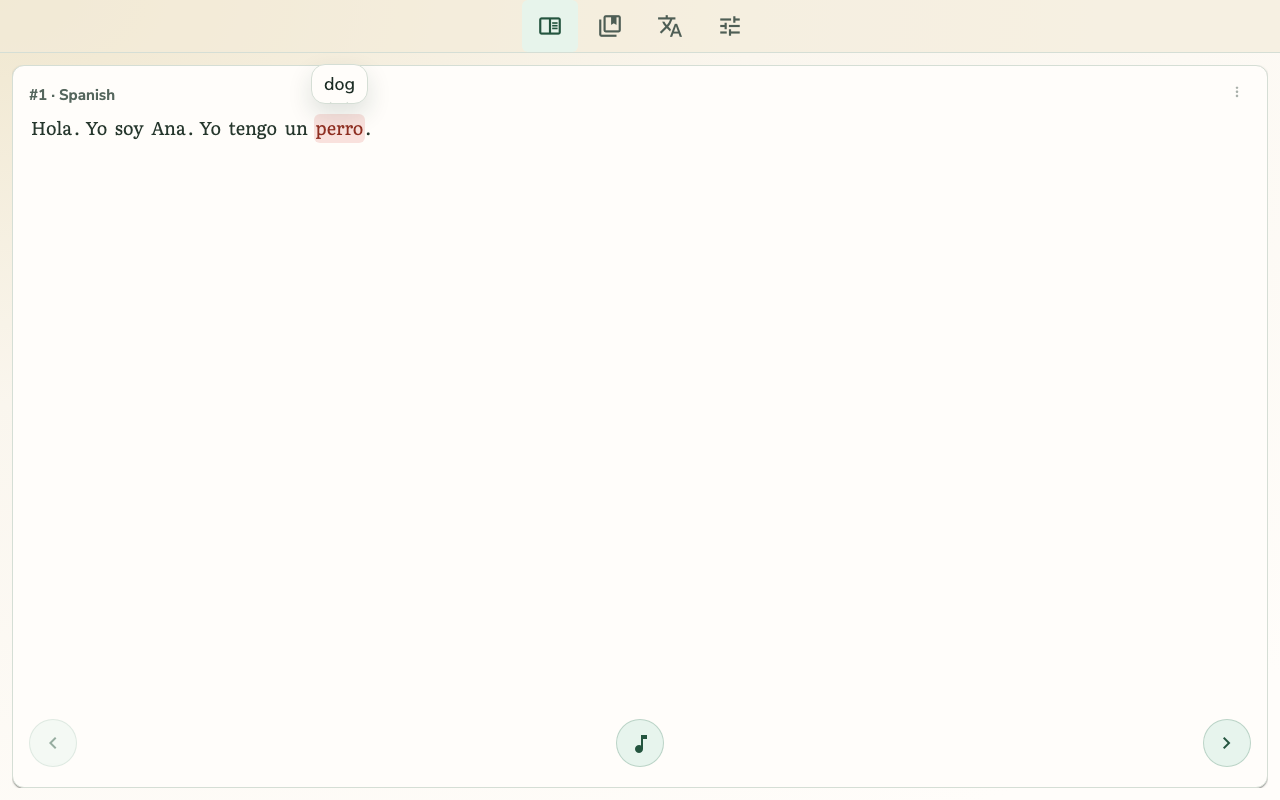 TortoLingua reader screen with word-support hint