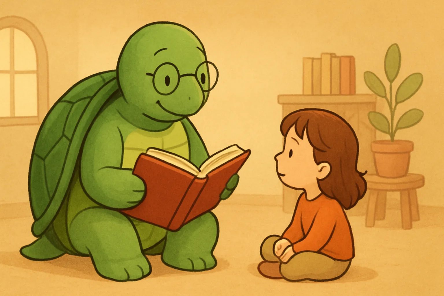 Editorial illustration showing the TortoLingua turtle in a warm storybook learning scene for the article "How Kids Learn Languages Through Stories: A Parent's Guide".