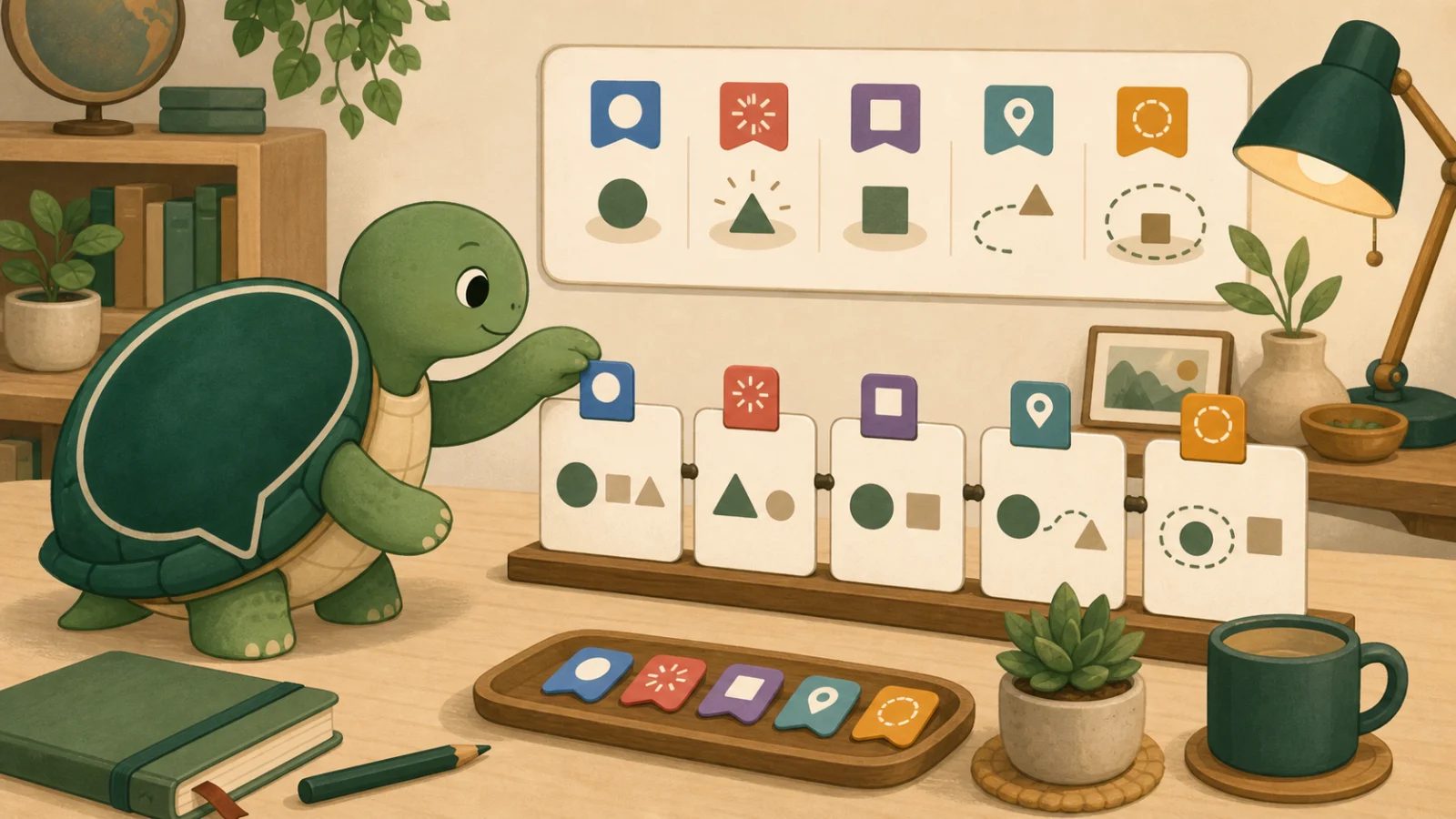 TortoLingua turtle mascot attaching color-coded role markers to abstract Korean sentence cards