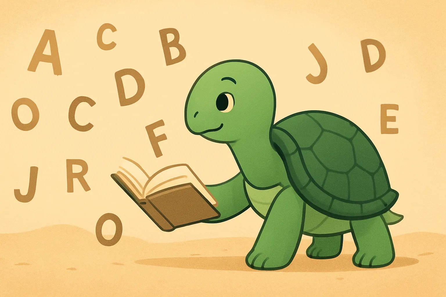 Editorial illustration showing the TortoLingua turtle reading understandable input just above its current level.