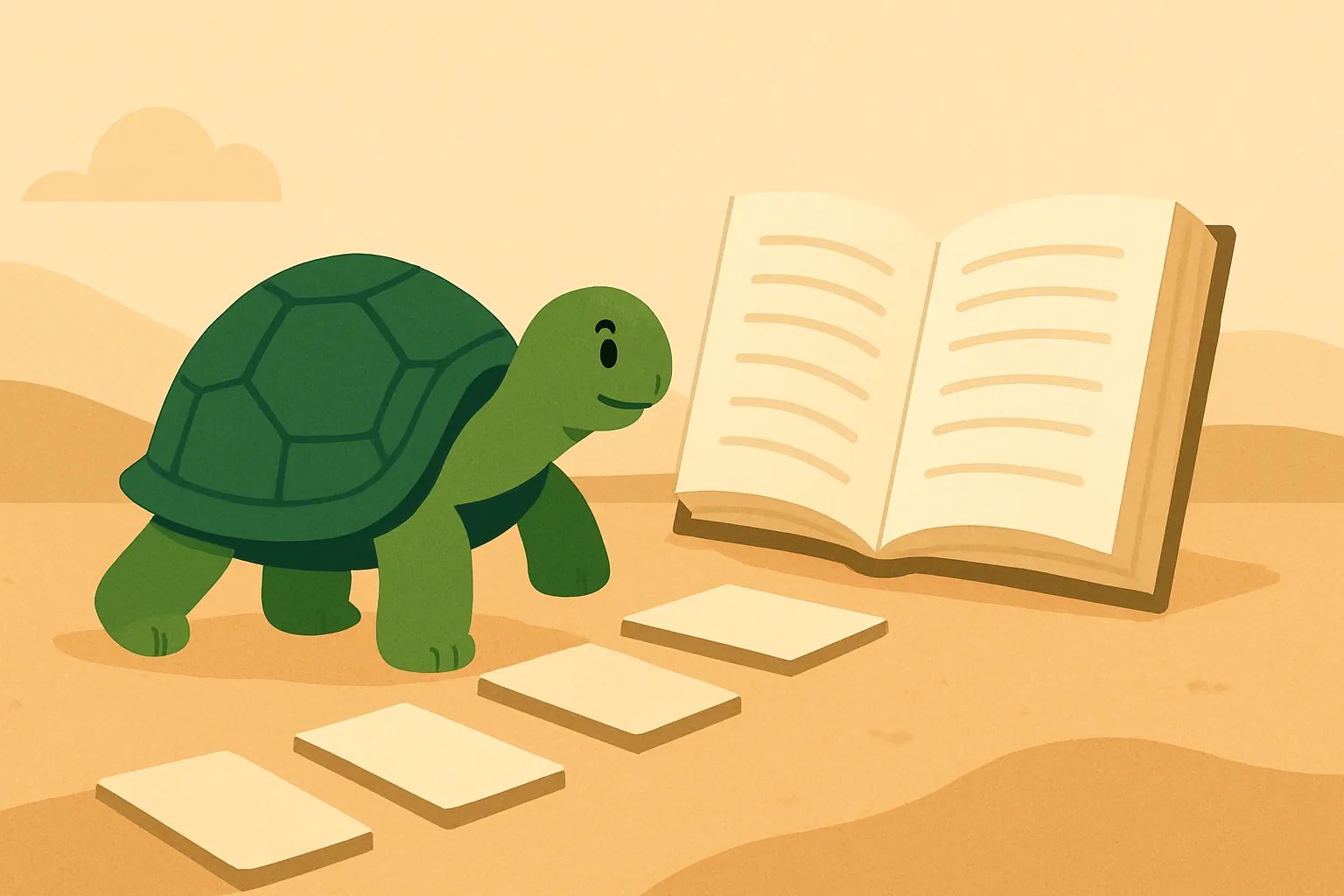 Editorial illustration showing the TortoLingua turtle following a calm daily language-learning routine.