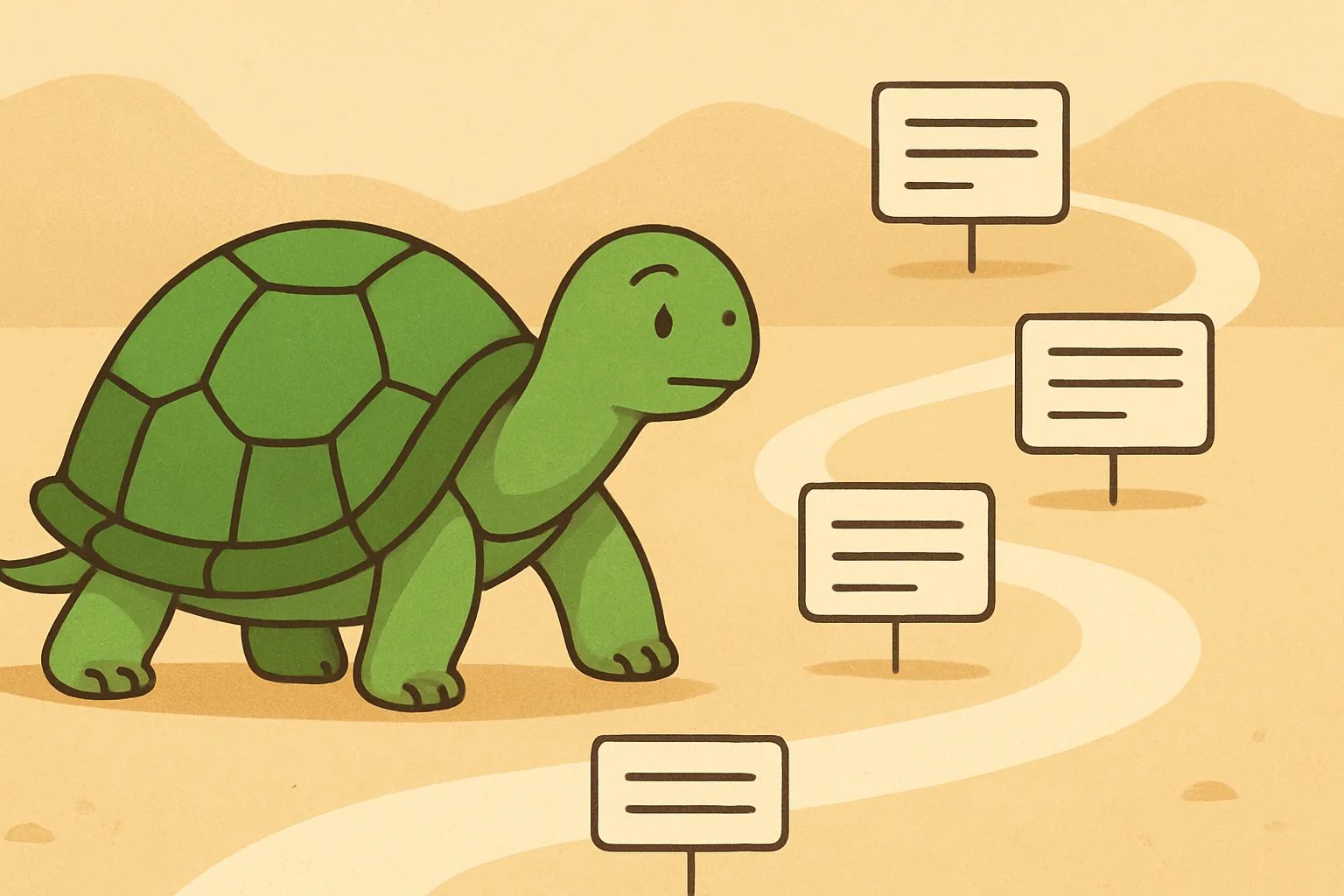 Editorial illustration showing the TortoLingua turtle in a calm reading path scene for the article "Language Learning Plateau: Why You're Stuck and How to Break Through".