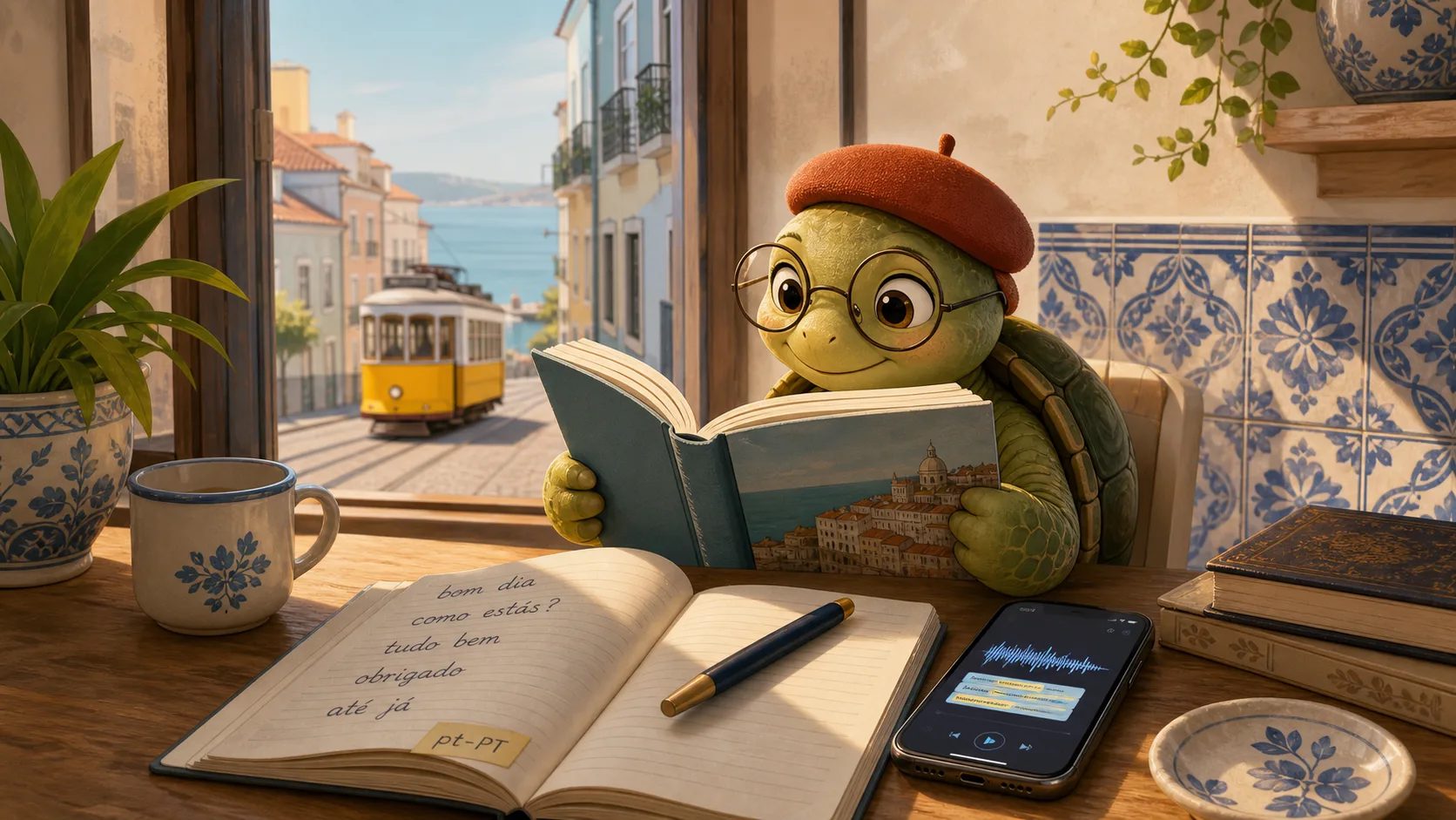 TortoLingua turtle reading European Portuguese texts by a Lisbon window with pt-PT audio