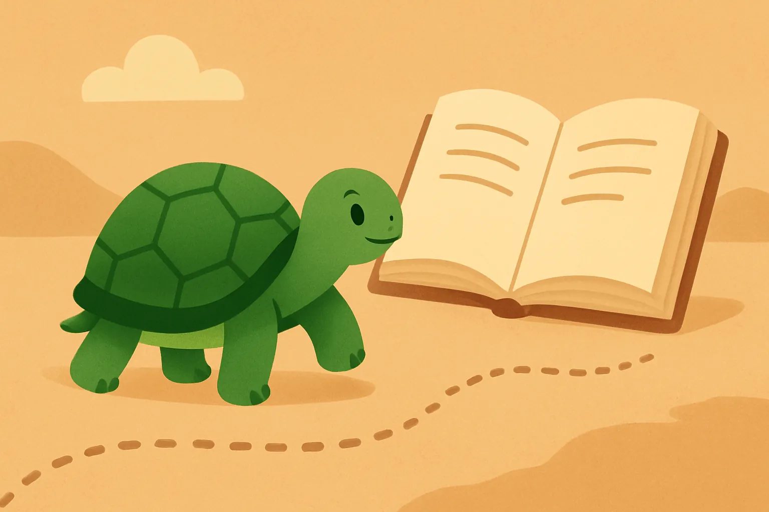 Editorial illustration showing the TortoLingua turtle in a calm reading path scene for the article "How to Learn a Language Before Moving Abroad".