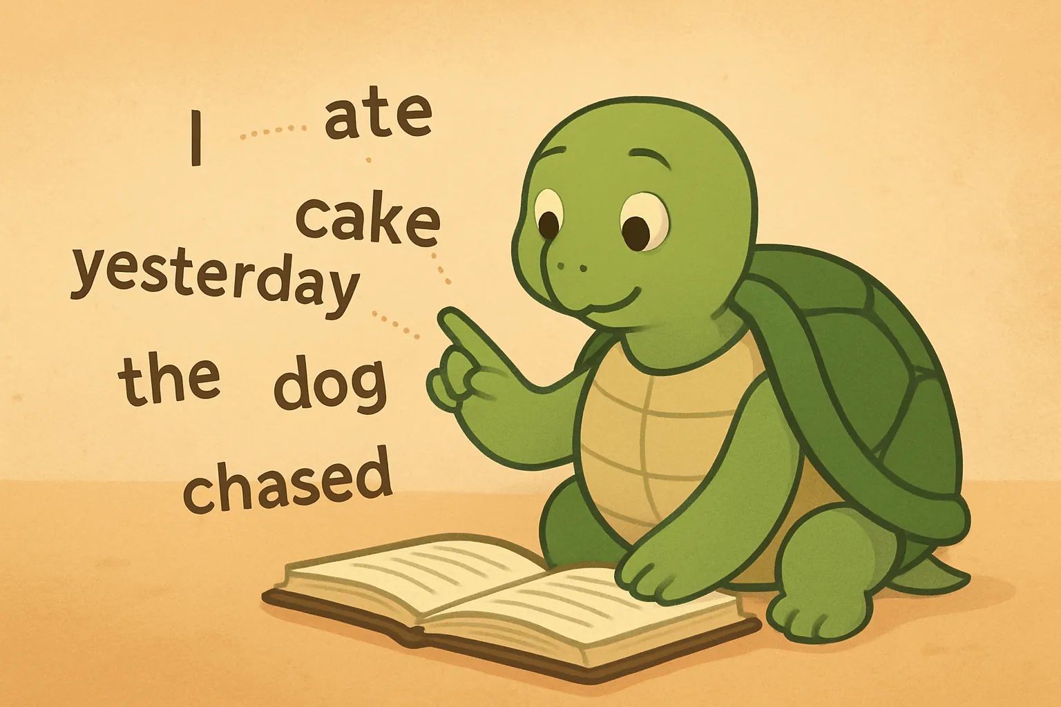Editorial illustration showing the TortoLingua turtle following grammar patterns along a winding learning path.