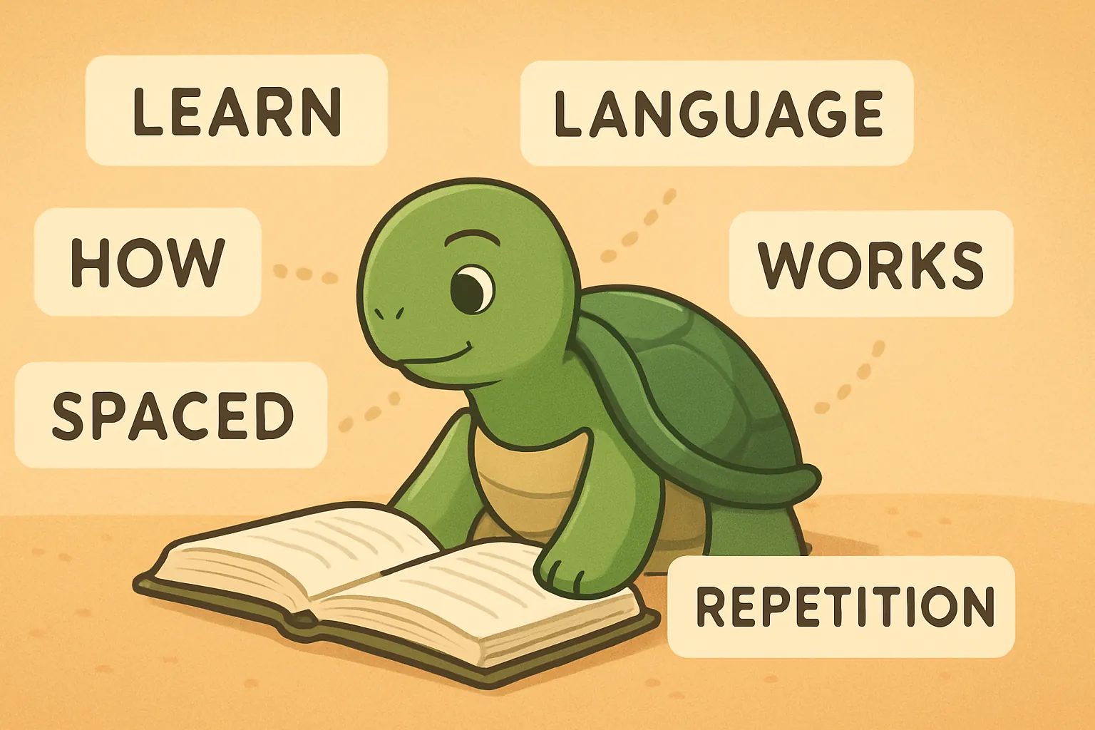 Editorial illustration showing the TortoLingua turtle discovering meaning through context for the article "How Spaced Repetition Works for Language Learning".