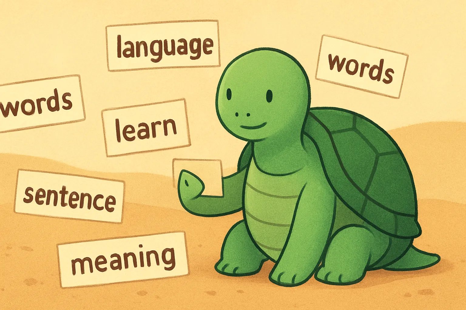 Editorial illustration showing the TortoLingua turtle discovering meaning through context for the article "Am I Too Old to Learn a Language? The Research Says No".