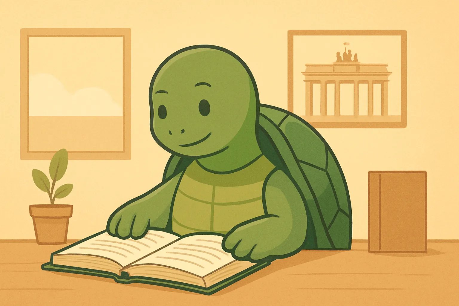 Redaktionelle Illustration mit die TortoLingua-Schildkröte in einer realistischen Leseszene zum Sprachenlernen zum Artikel "Englisch selbst lernen: Ein vollständiger Leitfaden".