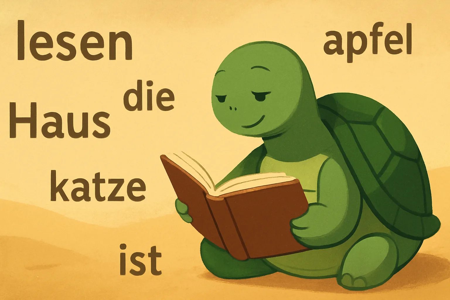 Redaktionelle Illustration mit die TortoLingua-Schildkröte, wie sie Bedeutung durch Kontext entdeckt zum Artikel "Extensives Lesen zum Sprachenlernen: Der komplette Leitfaden".