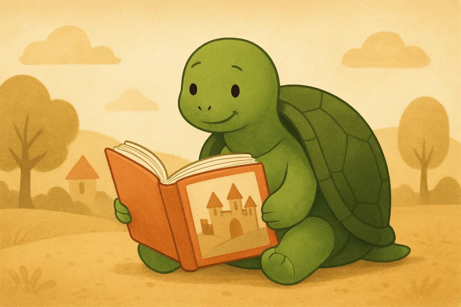 Redaktionelle Illustration mit die TortoLingua-Schildkröte in einer warmen Bilderbuchszene zum Artikel "Wie Kinder durch Geschichten Sprachen lernen: Elternratgeber".