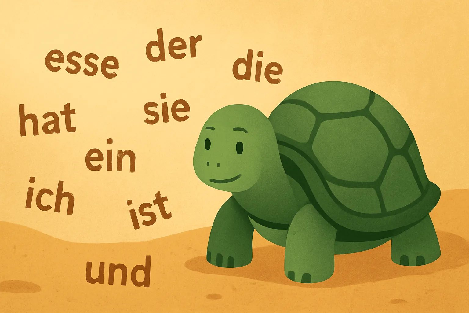 Redaktionelle Illustration mit die TortoLingua-Schildkröte, wie sie Bedeutung durch Kontext entdeckt zum Artikel "Krashens Input-Hypothese: Ein praktischer Leitfaden".