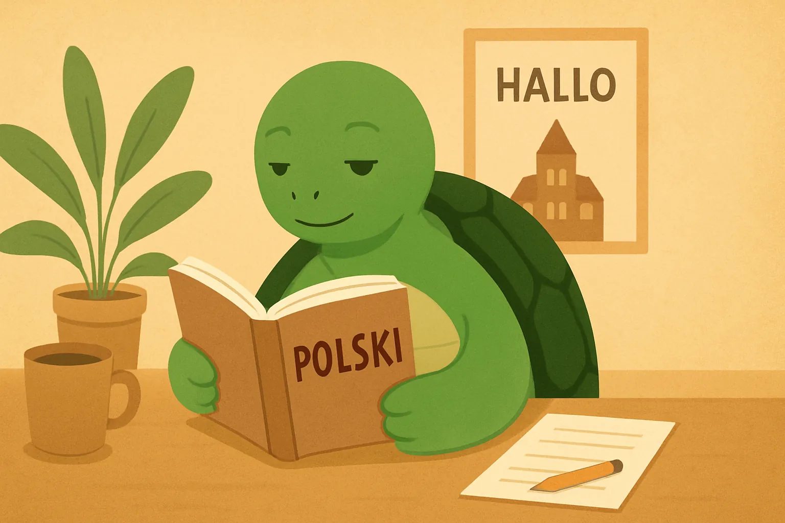 Redaktionelle Illustration mit die TortoLingua-Schildkröte in einer realistischen Leseszene zum Sprachenlernen zum Artikel "Polnisch lernen: Ein Leitfaden für Ukrainischsprachige".