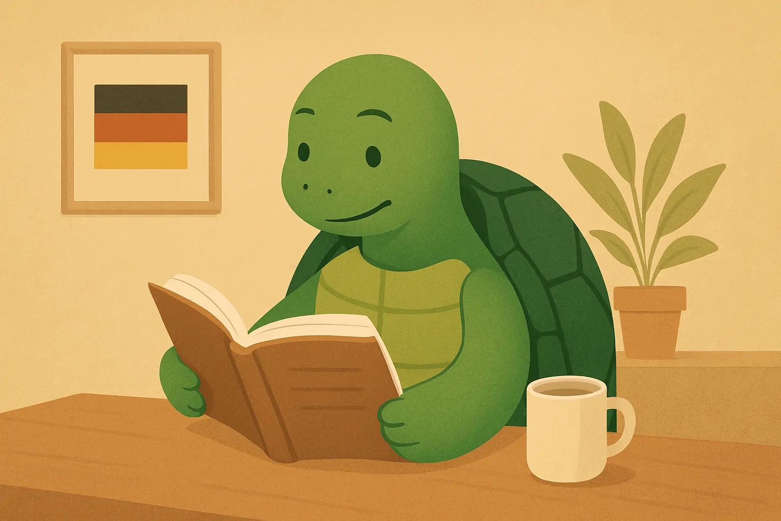 Redaktionelle Illustration mit die TortoLingua-Schildkröte in einer realistischen Leseszene zum Sprachenlernen zum Artikel "Portugiesisch lernen für Anfänger: Kompletter Leitfaden".