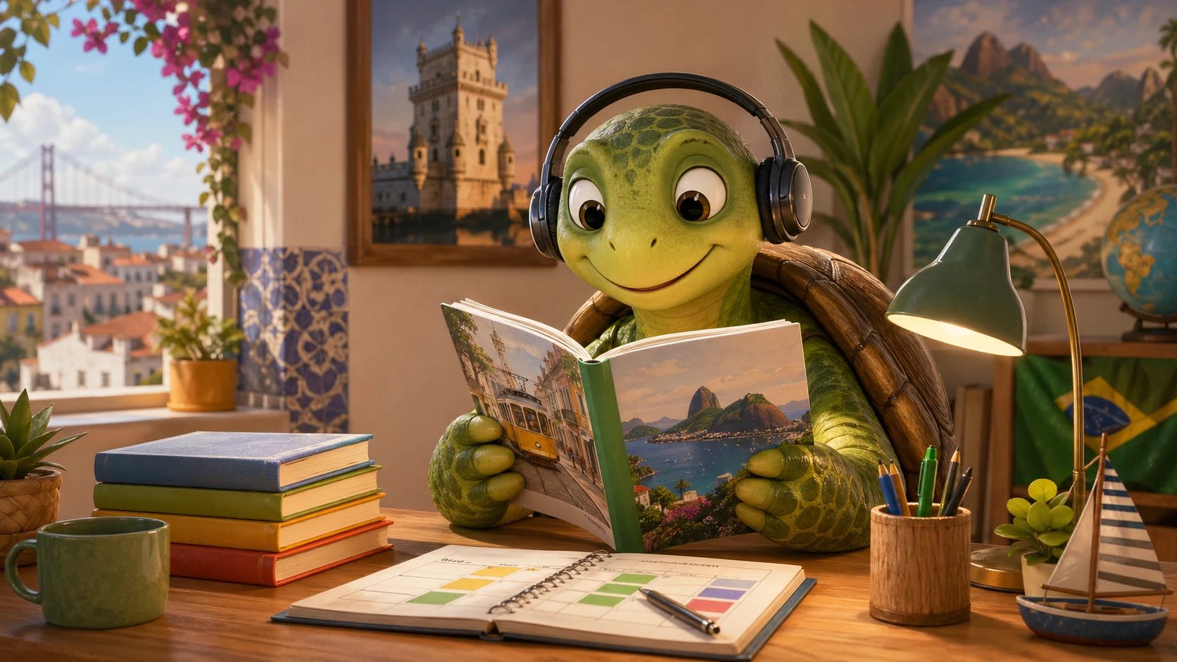 Die TortoLingua Schildkröte liest einfache Texte für Portugiesisch mit Audio und Wochenplan