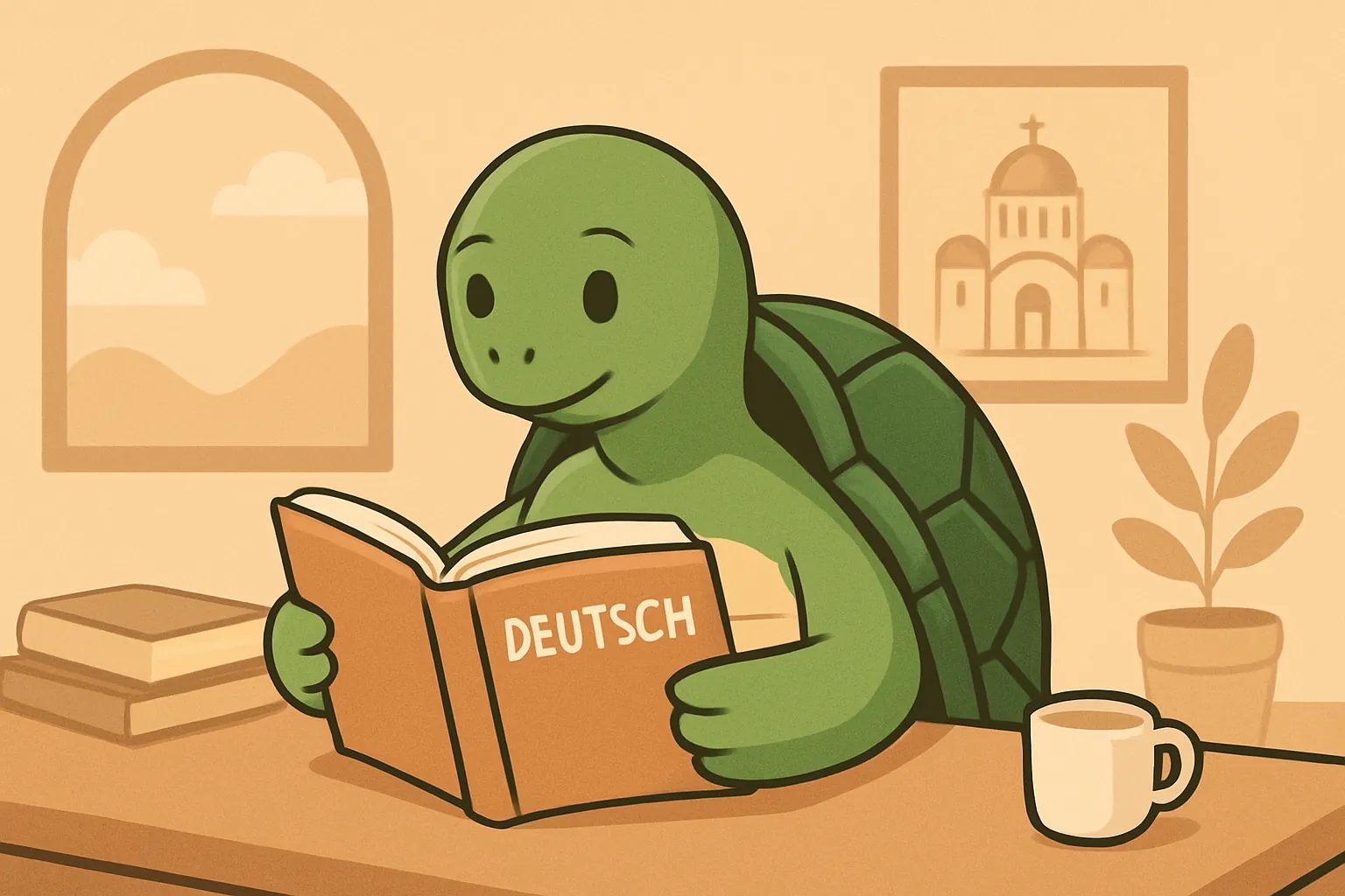 Redaktionelle Illustration mit die TortoLingua-Schildkröte in einer realistischen Leseszene zum Sprachenlernen zum Artikel "Serbisch lernen für Anfänger: Praktischer Leitfaden".