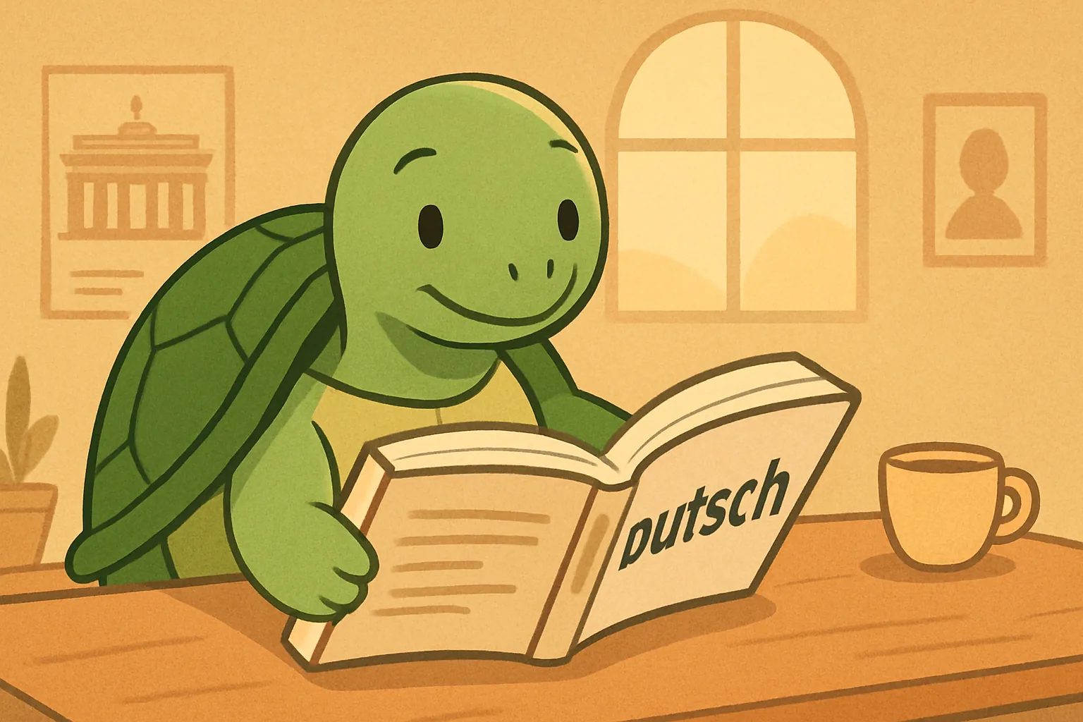 Redaktionelle Illustration mit die TortoLingua-Schildkröte in einer realistischen Leseszene zum Sprachenlernen zum Artikel "Spanisch lernen für Anfänger: Schritt-für-Schritt-Anleitung".