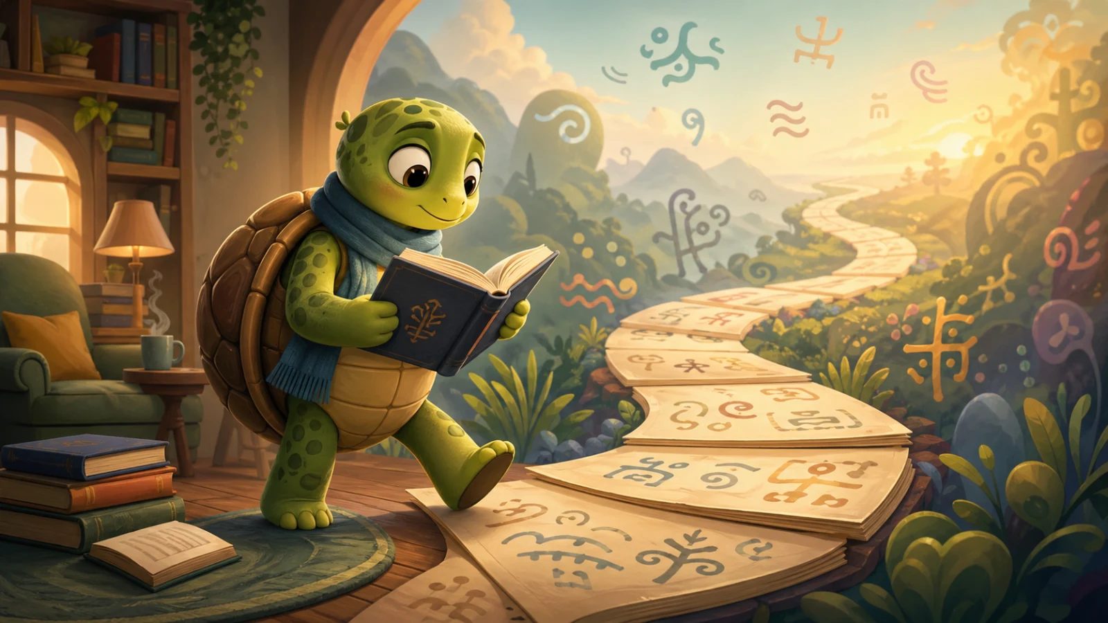 Die TortoLingua-Schildkröte folgt einem Weg aus Geschichtenseiten und lernt eine Sprache durch Lesen