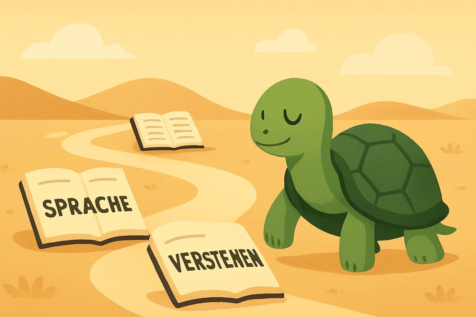 Redaktionelle Illustration mit die TortoLingua-Schildkröte in einer ruhigen Leselernszene zum Artikel "Eine Sprache lernen vor dem Umzug ins Ausland".
