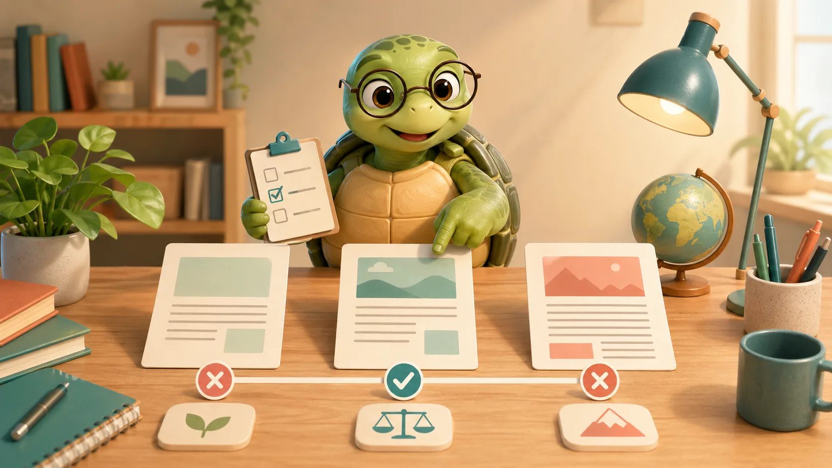 TortoLingua Schildkröte wählt mit einer Checkliste den lesbaren Text auf mittlerem Niveau
