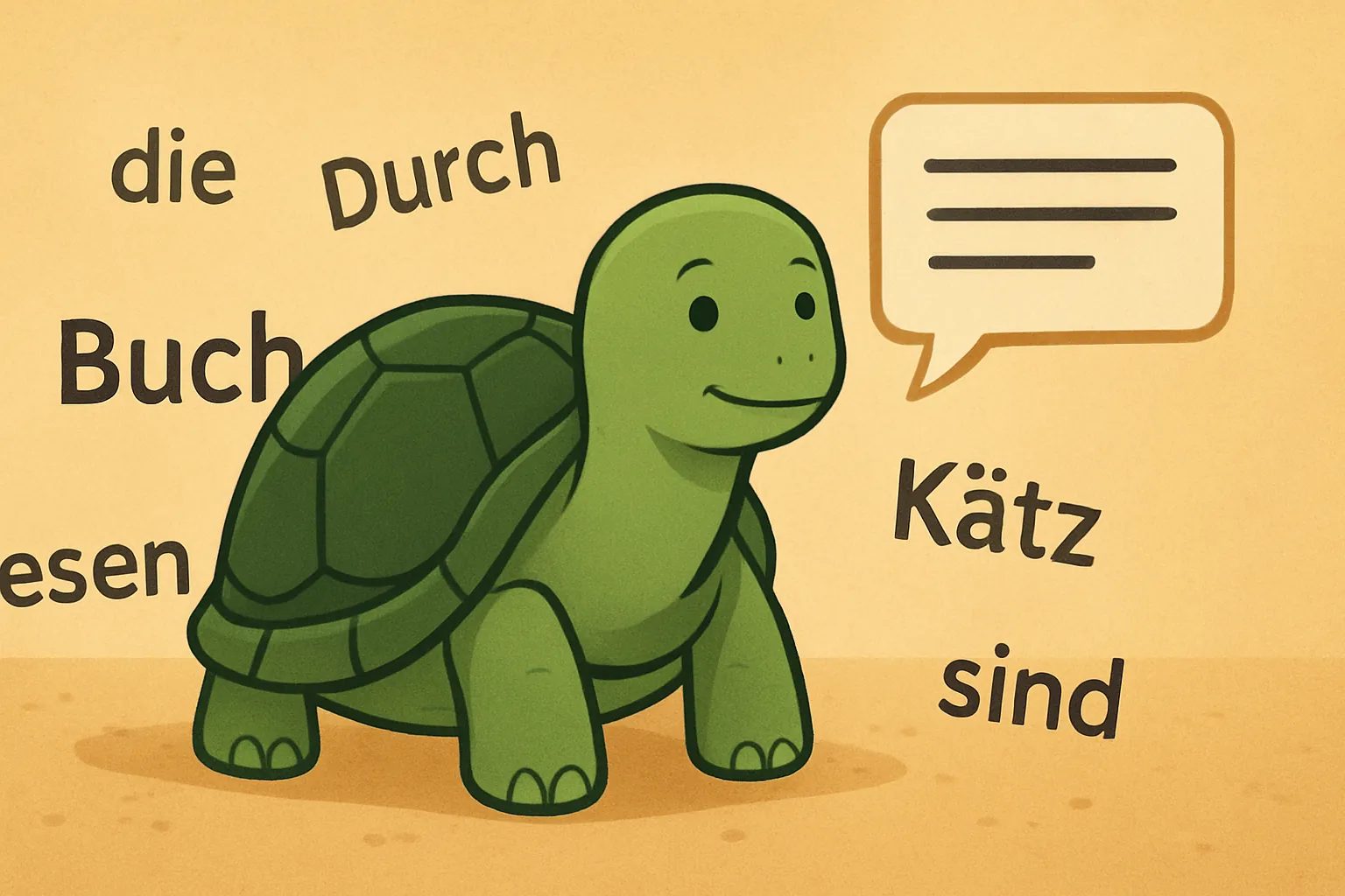 Redaktionelle Illustration mit die TortoLingua-Schildkröte, wie sie Bedeutung durch Kontext entdeckt zum Artikel "Verständlicher Input vs Grammatiklernen: Was funktioniert besser?".