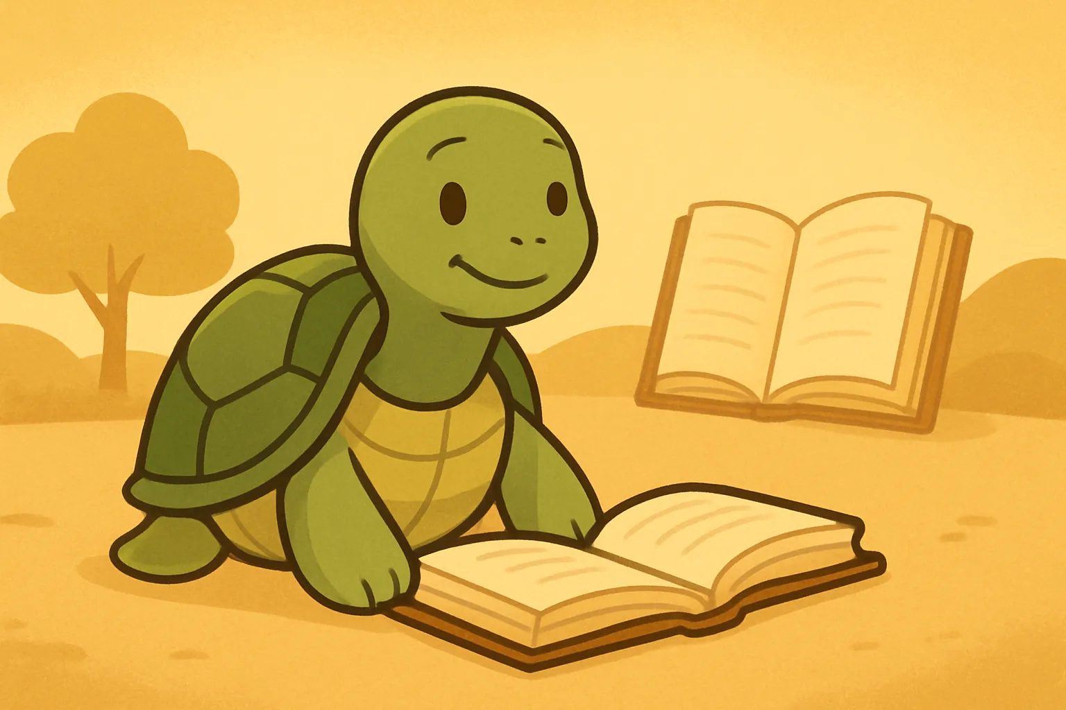 Redaktionelle Illustration mit die TortoLingua-Schildkröte in einer warmen Bilderbuchszene zum Artikel "Vorteile zweisprachiger Erziehung: Was die Forschung zeigt".