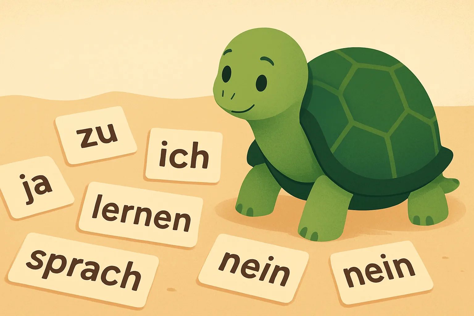Redaktionelle Illustration mit die TortoLingua-Schildkröte, wie sie Bedeutung durch Kontext entdeckt zum Artikel "Bin ich zu alt zum Sprachenlernen? Die Forschung sagt Nein".