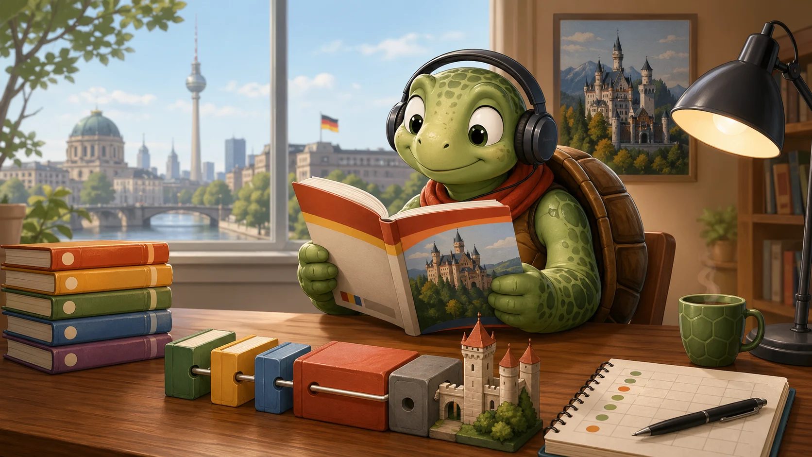 La tortuga TortoLingua lee textos iniciales de alemán con audio y plan semanal de lectura