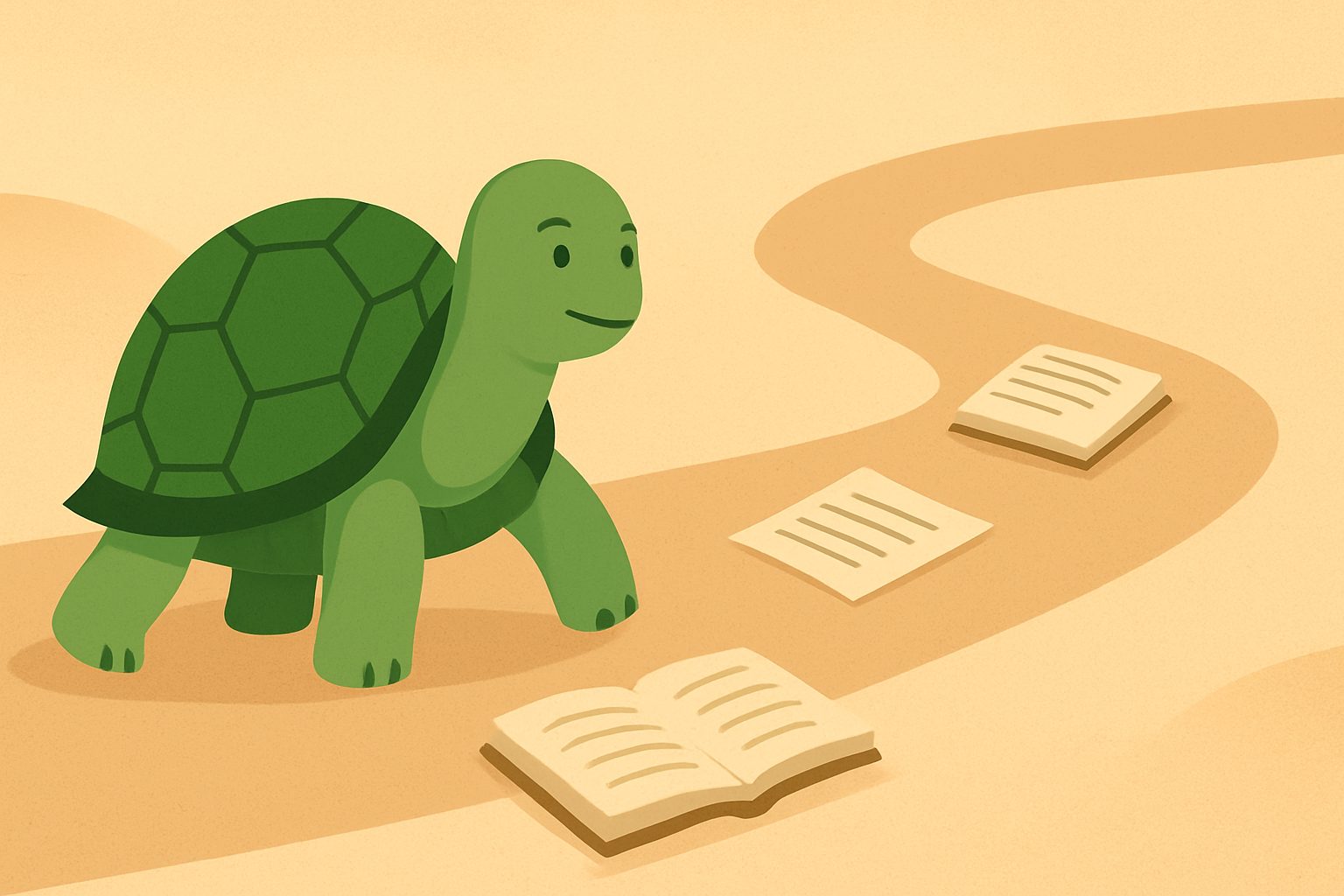 Ilustración editorial que muestra la tortuga de TortoLingua en una escena tranquila de aprendizaje por lectura para el artículo "Cómo aprender un idioma antes de mudarte al extranjero".