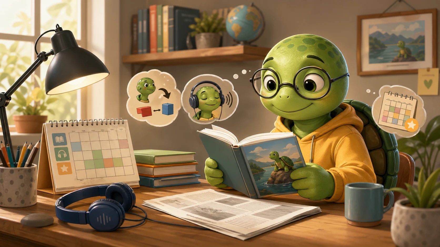 La tortuga TortoLingua lee textos iniciales de inglés con audio y plan semanal de lectura