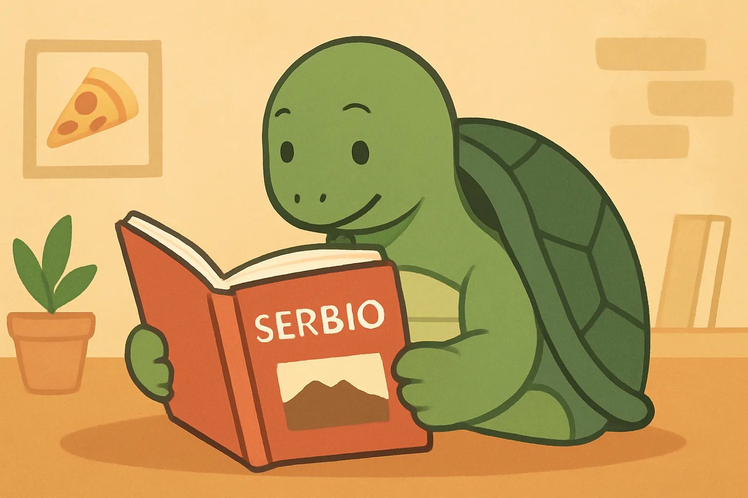 Ilustración editorial que muestra la tortuga de TortoLingua en una escena realista de lectura para aprender idiomas para el artículo "Aprender serbio desde cero: guía práctica".