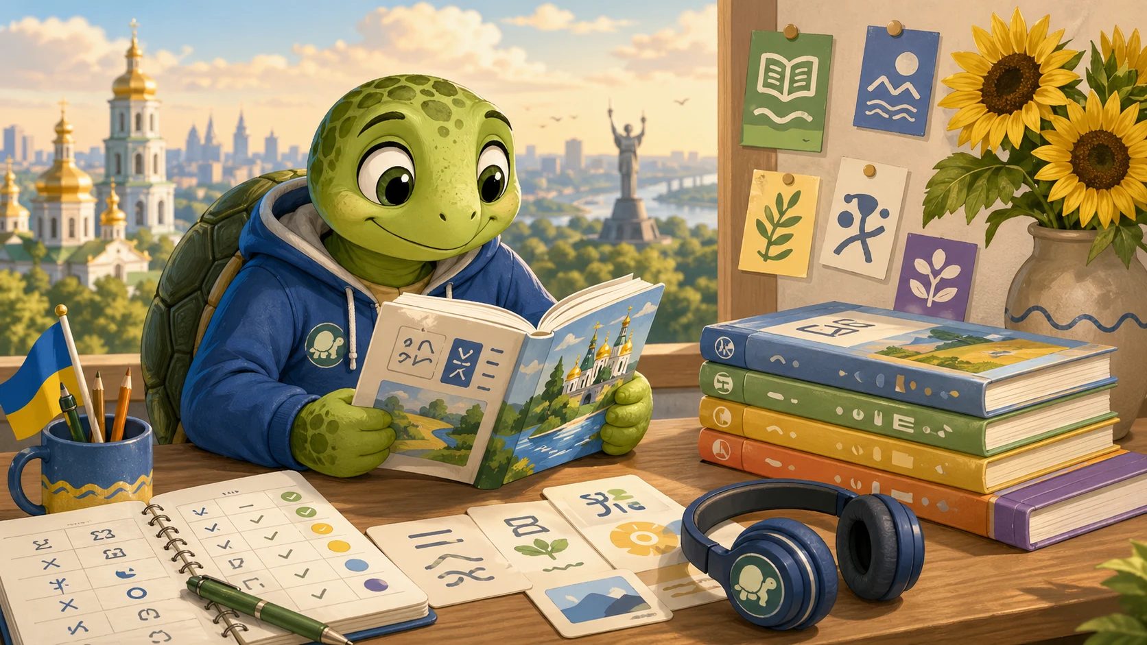 La tortuga TortoLingua lee textos iniciales de ucraniano con audio y plan semanal de lectura