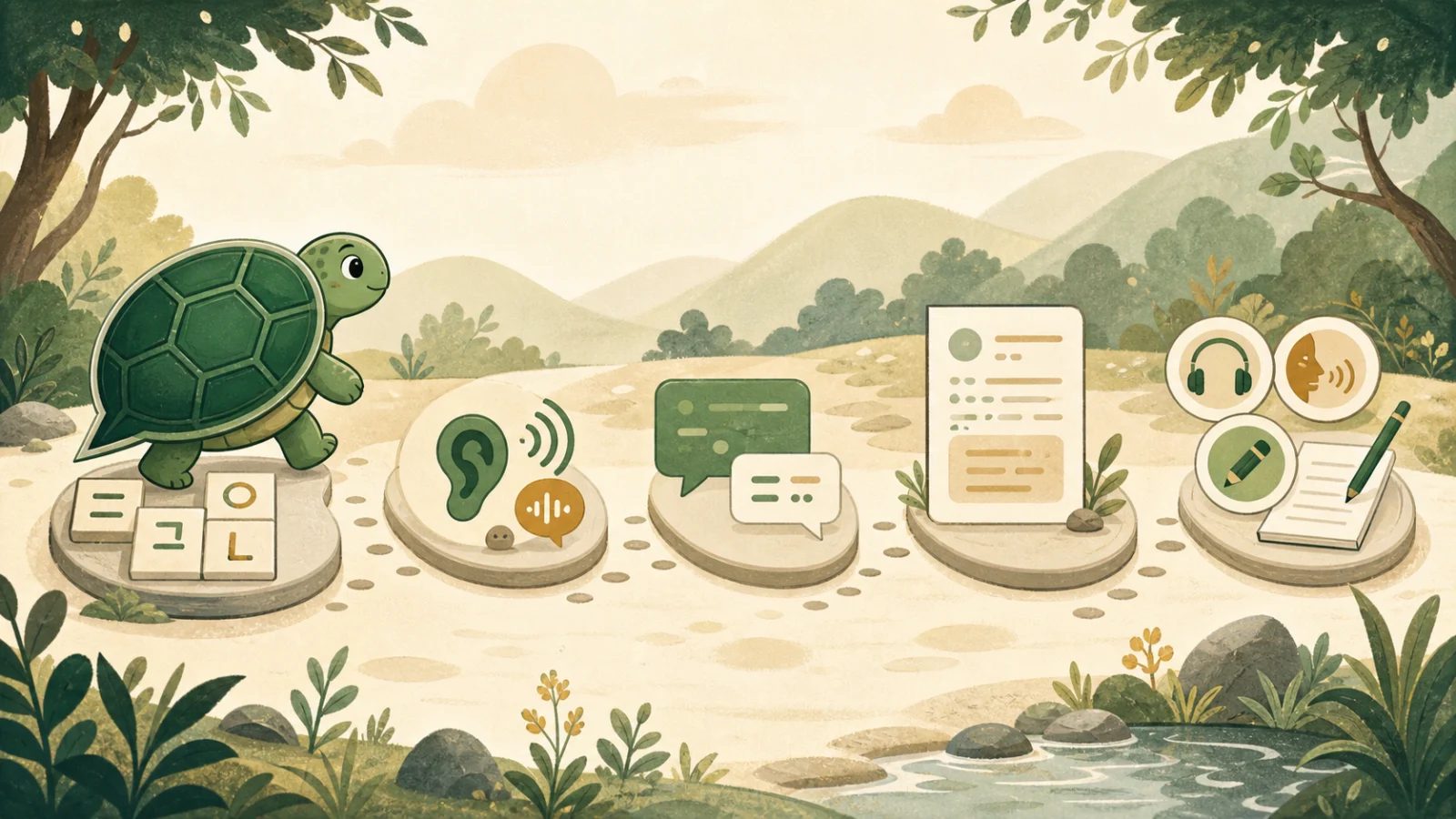 La mascota tortuga de TortoLingua siguiendo una hoja de ruta de cinco etapas desde bloques de Hangul hasta una práctica equilibrada de coreano