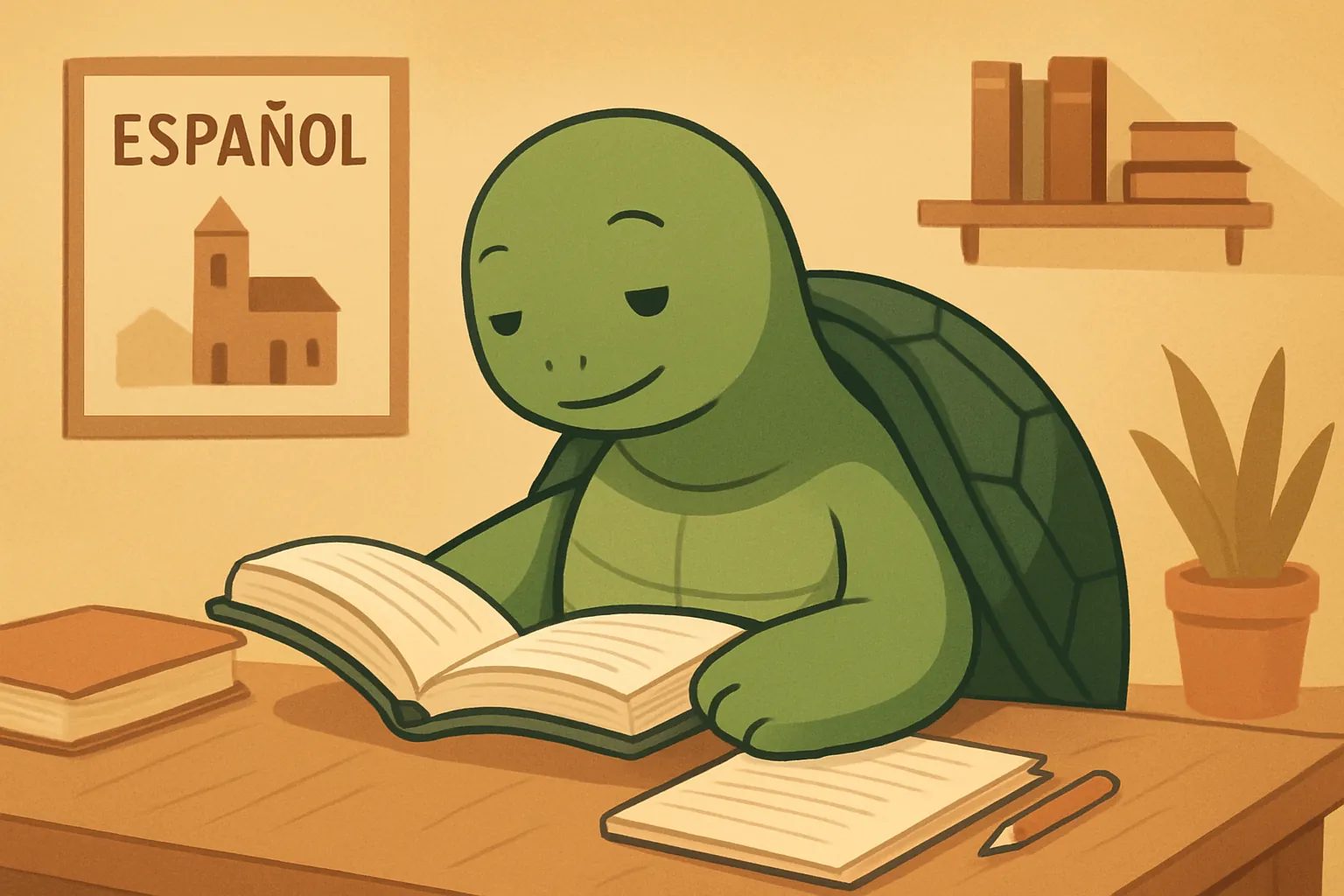 Ilustración editorial que muestra la tortuga de TortoLingua en una escena realista de lectura para aprender idiomas para el artículo "Cómo aprender inglés por tu cuenta: guía completa".