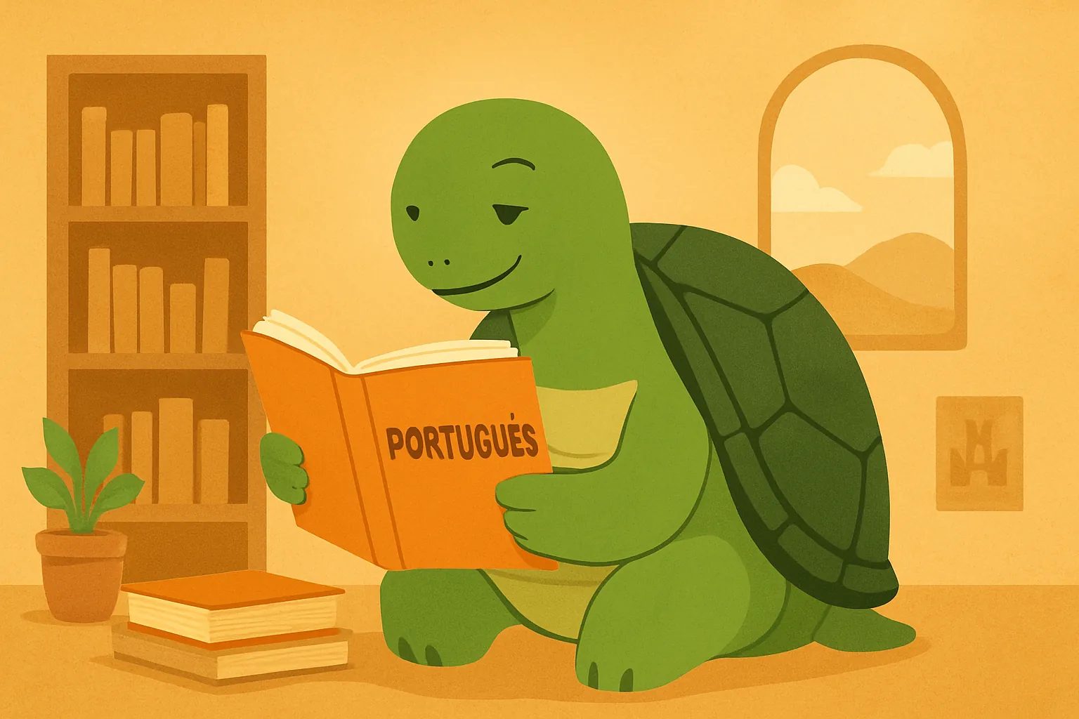 Ilustración editorial que muestra la tortuga de TortoLingua en una escena realista de lectura para aprender idiomas para el artículo "Cómo aprender portugués desde cero: guía completa".
