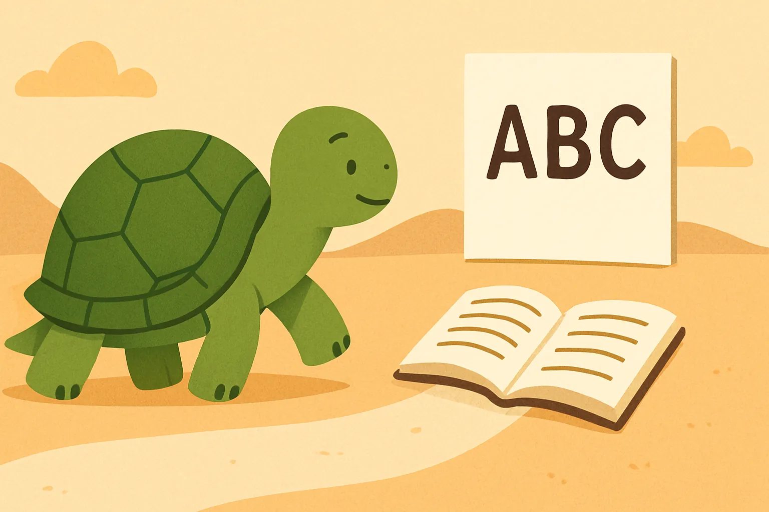 Ilustración editorial que muestra la tortuga de TortoLingua en una escena tranquila de aprendizaje por lectura para el artículo "Consistencia en el aprendizaje de idiomas: por qué 10 minutos diarios vencen a los maratones".